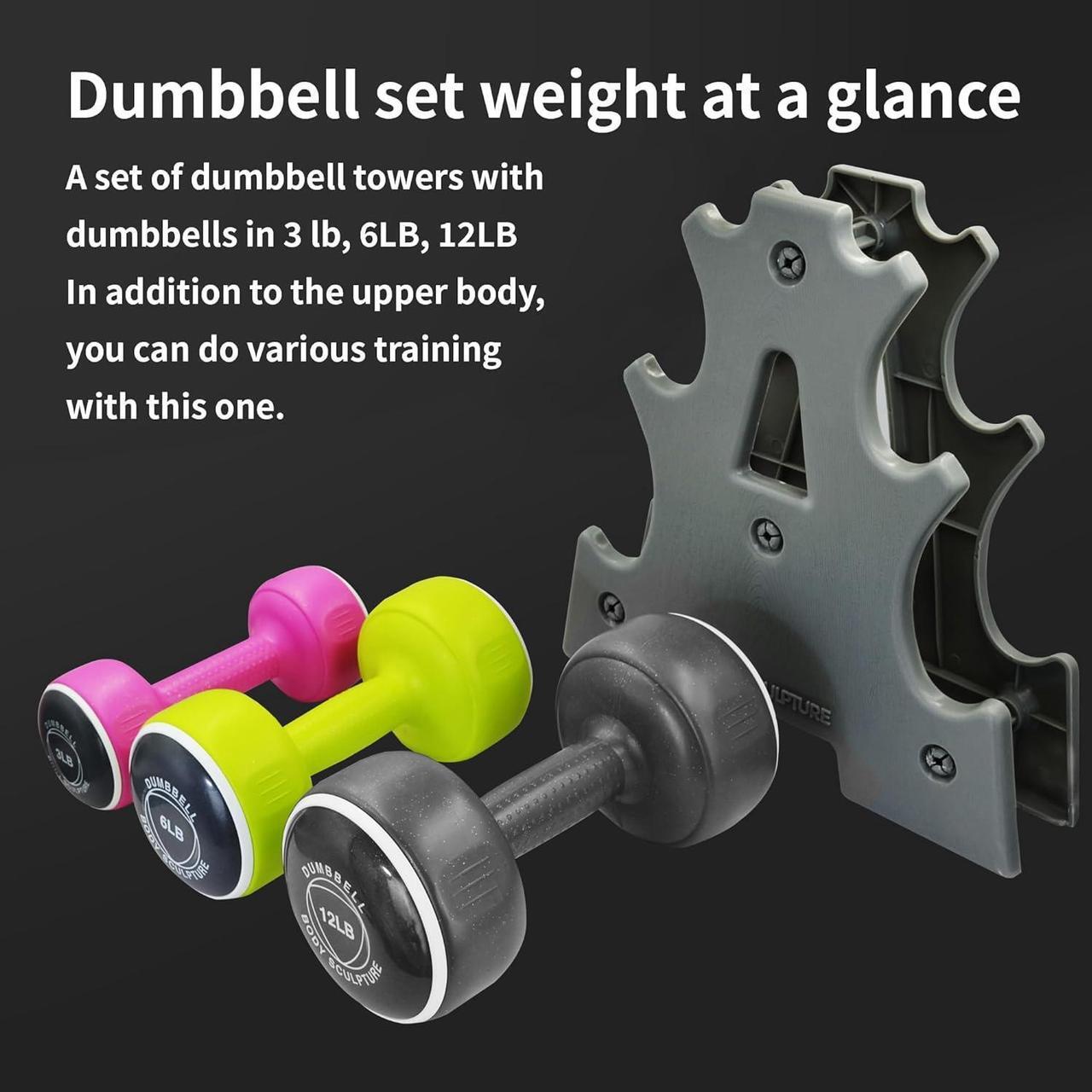 Alt view image 3 of 6 - Body Sculpture weights set FreeWeight Dumbbell Set with Rack Set includes 3, 6 and 12 lb weights ideal for men and women for small and large muscle groups