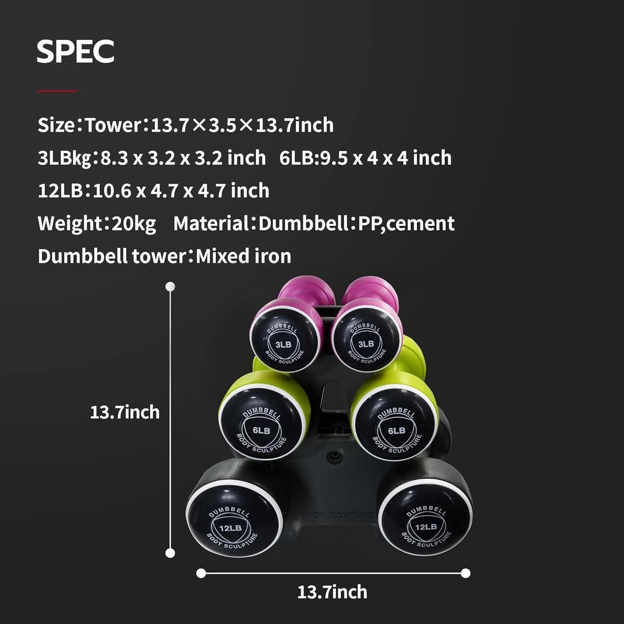 Alt view image 6 of 6 - Body Sculpture weights set FreeWeight Dumbbell Set with Rack Set includes 3, 6 and 12 lb weights ideal for men and women for small and large muscle groups