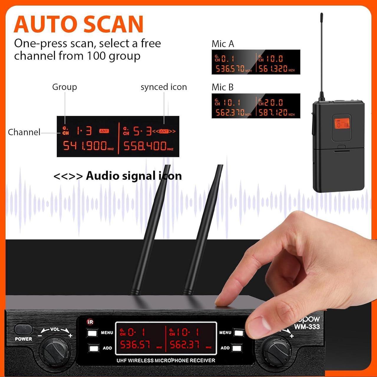 Alt view image 6 of 7 - 200-Channel Wireless Lavalier Microphone, Dual UHF Bodypack Cordless Lavalier Mic System Set, Auto Scan, Long Range 200-240Ft, 16 Hours Use Ideal for Speaking, Classroom 2023 333B