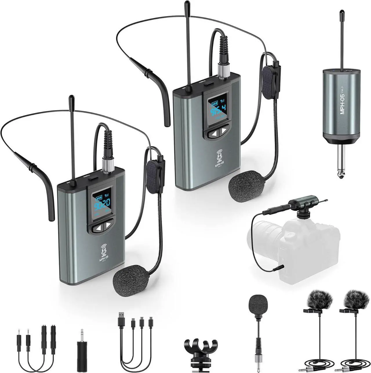 Main image of Wireless Microphone System Dual Transmitters Receiver Lavalier/Headset Mic Set Rechargeable Bodypack for PA Speaker, Camera, Video Recording, Teaching, Church, Interview