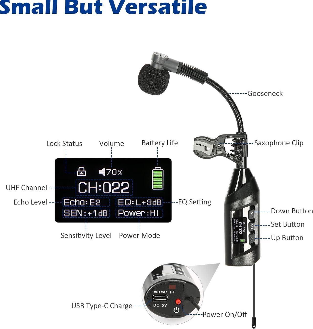 Alt view image 6 of 7 - Wireless Saxophone Microphone System, Clip-On Instrument Microphone for Sax and Trumpet, Preset EQ & Echo Level 196 Ft Transmission Rechargeable Compact Transmitter and Receiver 4.5 Hours
