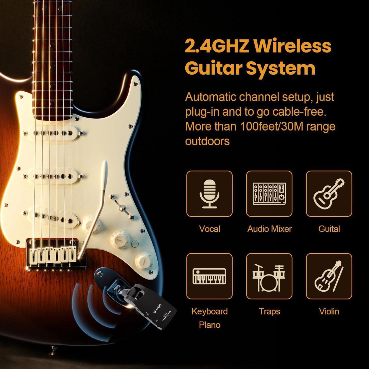 Alt view image 2 of 7 - 2.4GHz Wireless Guitar System 2.4GHz Wireless Guitar Transmitter Receiver 4 Channels Rechargeable Audio Wireless Transmitter for Electric Guitar Bass
