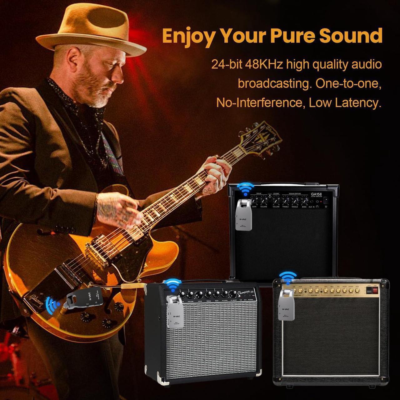 Alt view image 4 of 7 - 2.4GHz Wireless Guitar System 2.4GHz Wireless Guitar Transmitter Receiver 4 Channels Rechargeable Audio Wireless Transmitter for Electric Guitar Bass