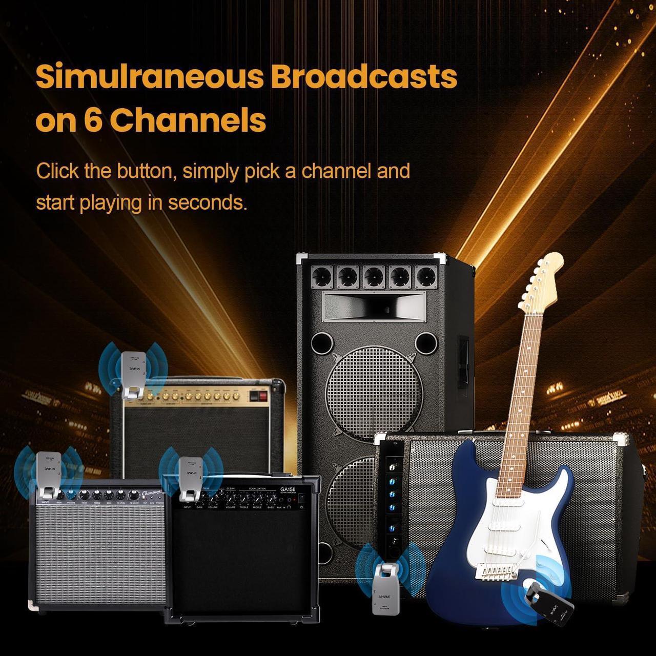 Alt view image 6 of 7 - 2.4GHz Wireless Guitar System 2.4GHz Wireless Guitar Transmitter Receiver 4 Channels Rechargeable Audio Wireless Transmitter for Electric Guitar Bass