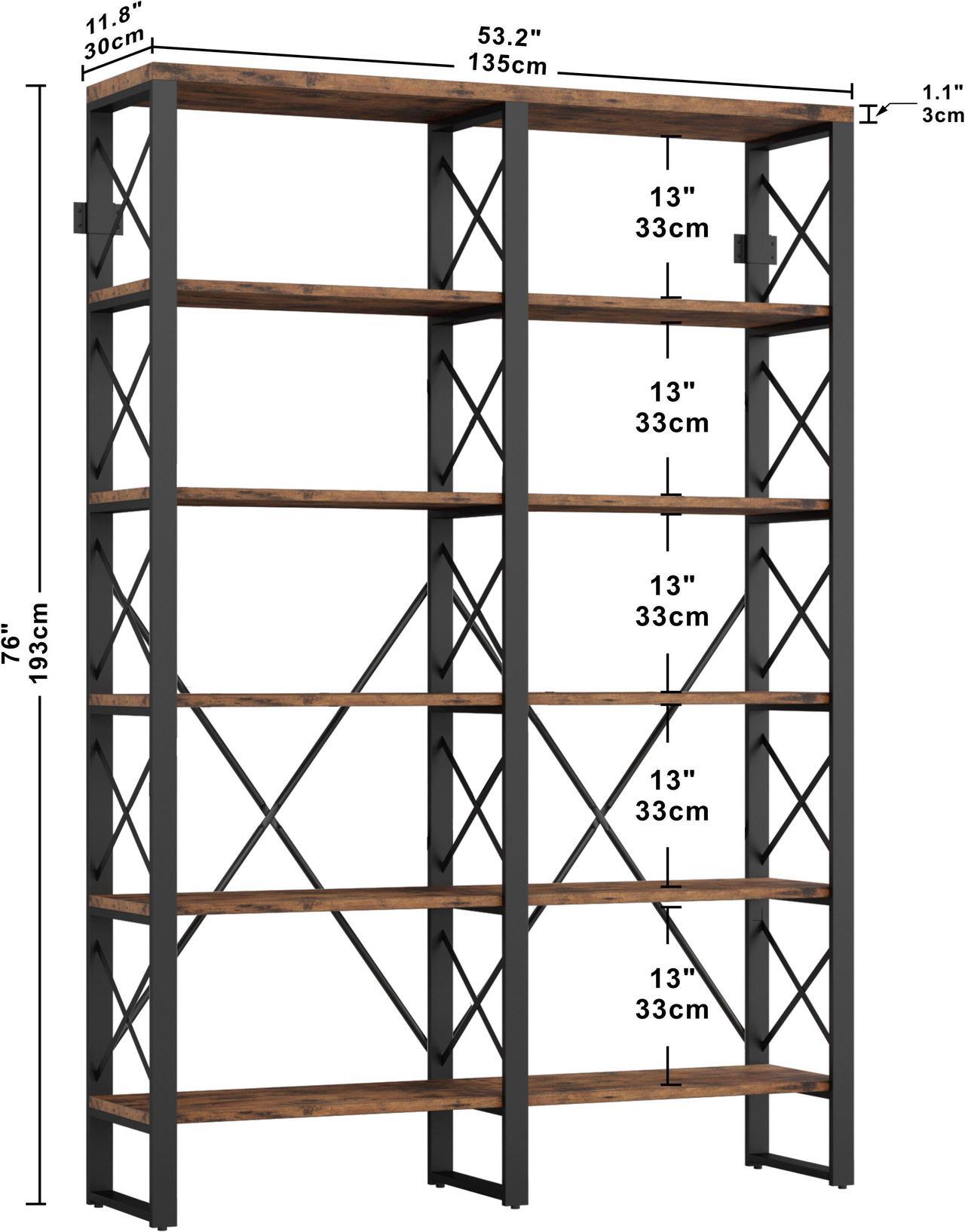 Alt view image 7 of 7 - IRONCK Bookshelf Double Wide 6-Tier 76" H, Open Large Bookcase, Industrial Style Shelves, Wood and Metal Bookshelves for Home Office, Easy Assembly