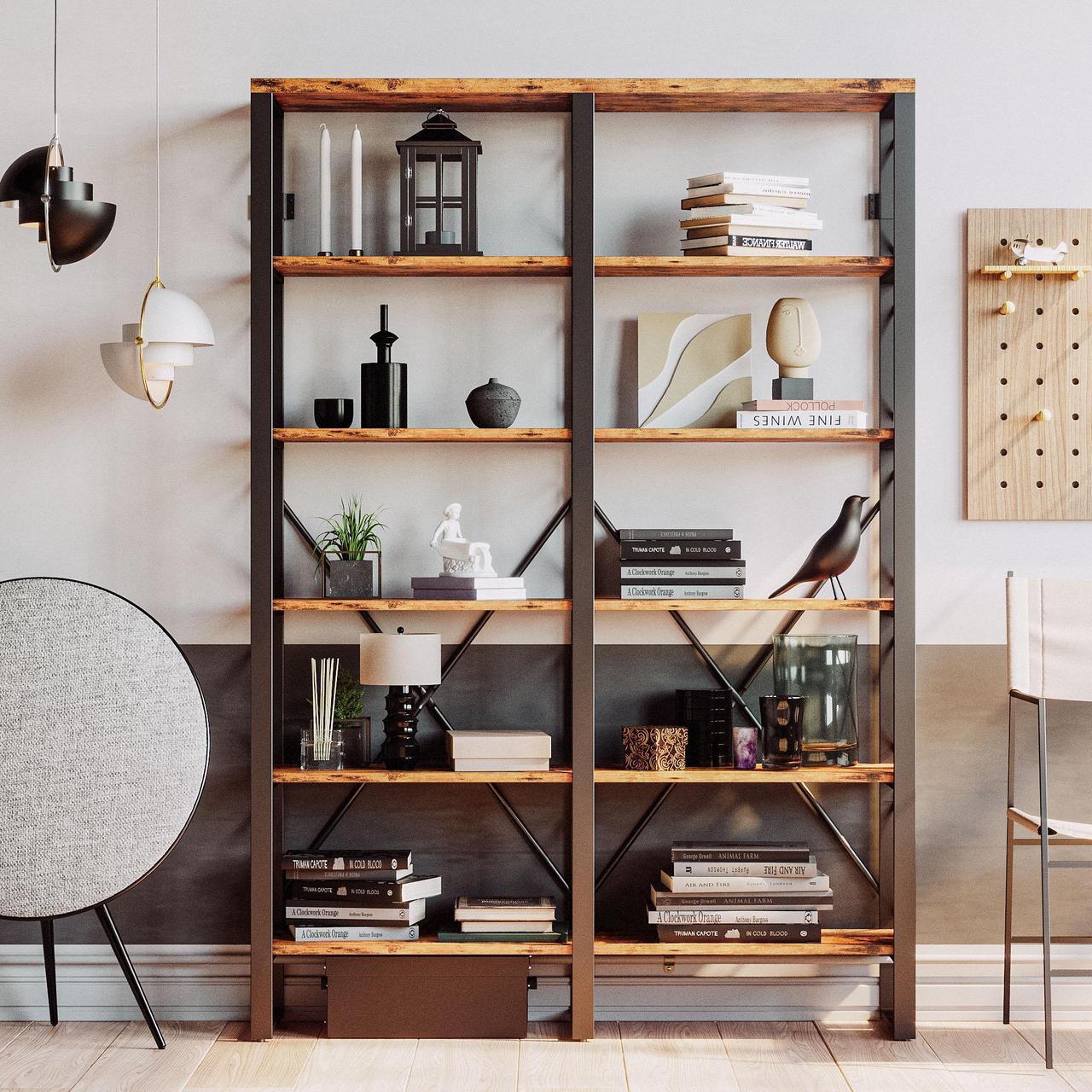 Alt view image 2 of 7 - IRONCK Bookshelf Double Wide 6-Tier 76" H, Open Large Bookcase, Industrial Style Shelves, Wood and Metal Bookshelves for Home Office, Easy Assembly