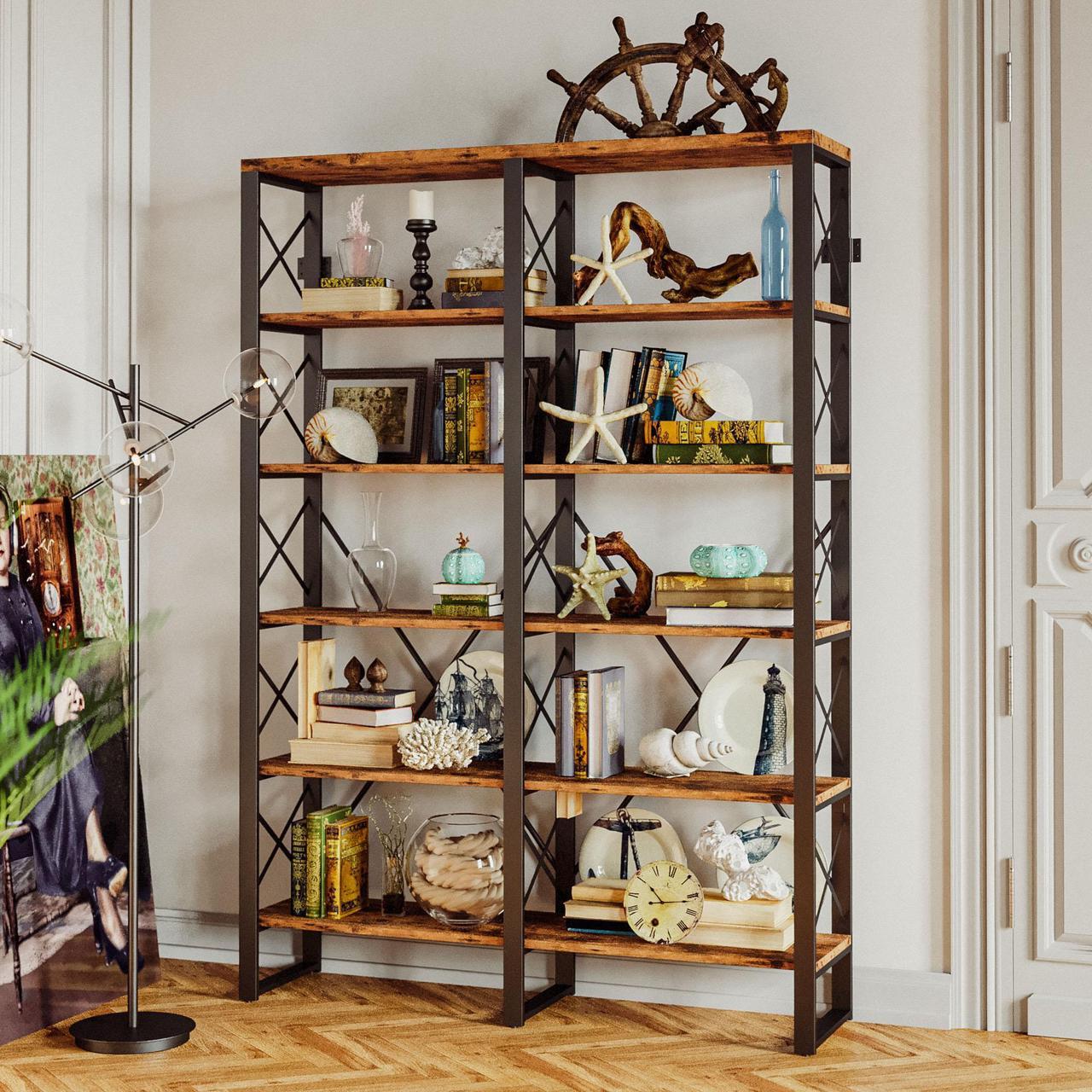 Alt view image 3 of 7 - IRONCK Bookshelf Double Wide 6-Tier 76" H, Open Large Bookcase, Industrial Style Shelves, Wood and Metal Bookshelves for Home Office, Easy Assembly