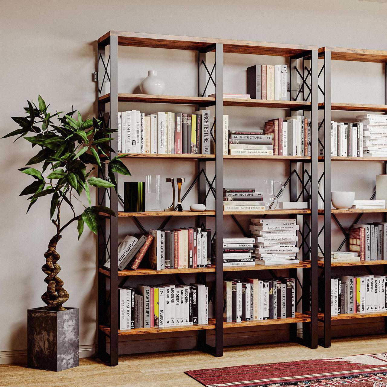 Alt view image 4 of 7 - IRONCK Bookshelf Double Wide 6-Tier 76" H, Open Large Bookcase, Industrial Style Shelves, Wood and Metal Bookshelves for Home Office, Easy Assembly