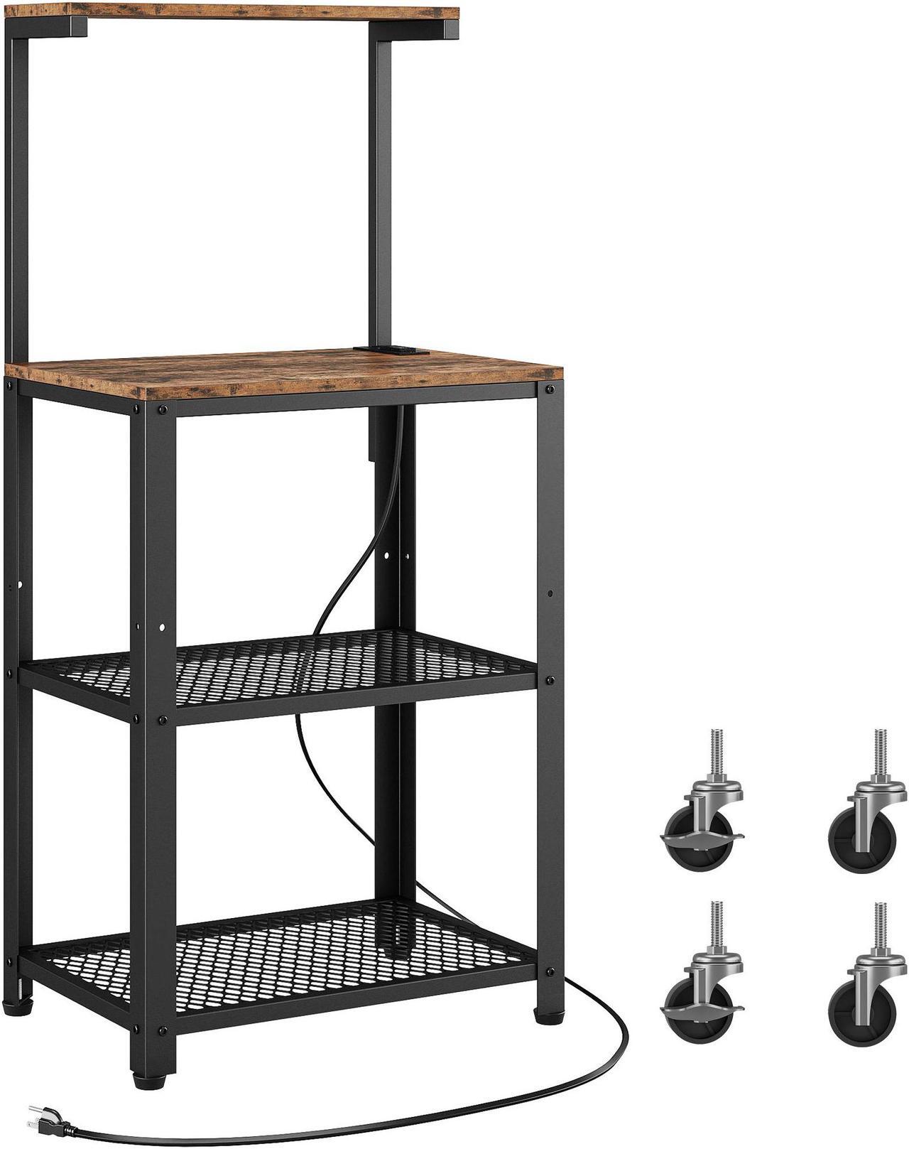 Alt view image 6 of 6 - IRONCK Bakers Rack with Power Outlet, Industrial Microwave Cart with Wheels 3-Tier Coffee Bar for Kitchen Living Room Vintage Brown
