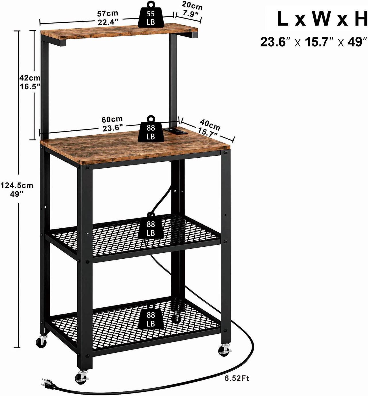 Alt view image 4 of 6 - IRONCK Bakers Rack with Power Outlet, Industrial Microwave Cart with Wheels 3-Tier Coffee Bar for Kitchen Living Room Vintage Brown