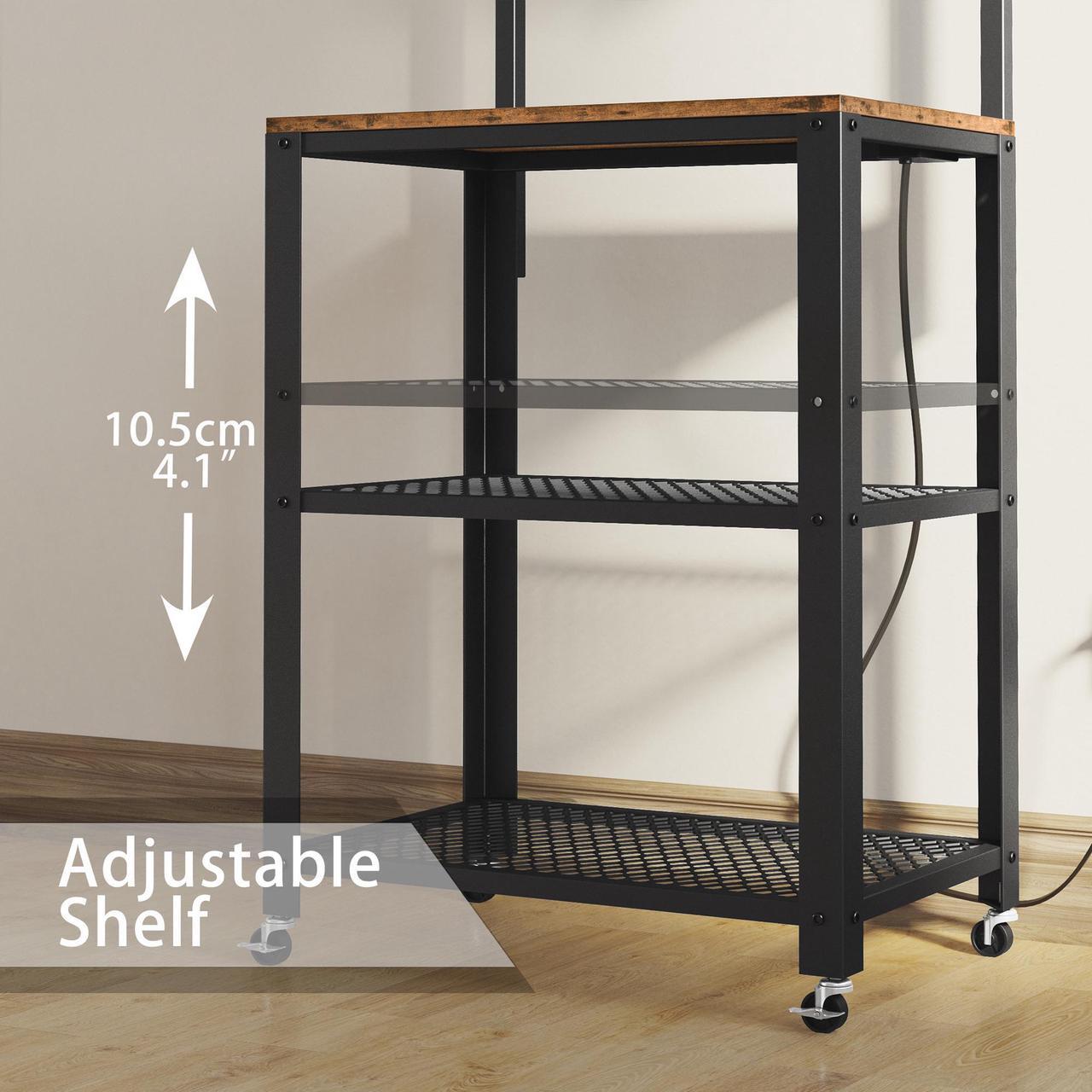 Alt view image 5 of 6 - IRONCK Bakers Rack with Power Outlet, Industrial Microwave Cart with Wheels 3-Tier Coffee Bar for Kitchen Living Room Vintage Brown