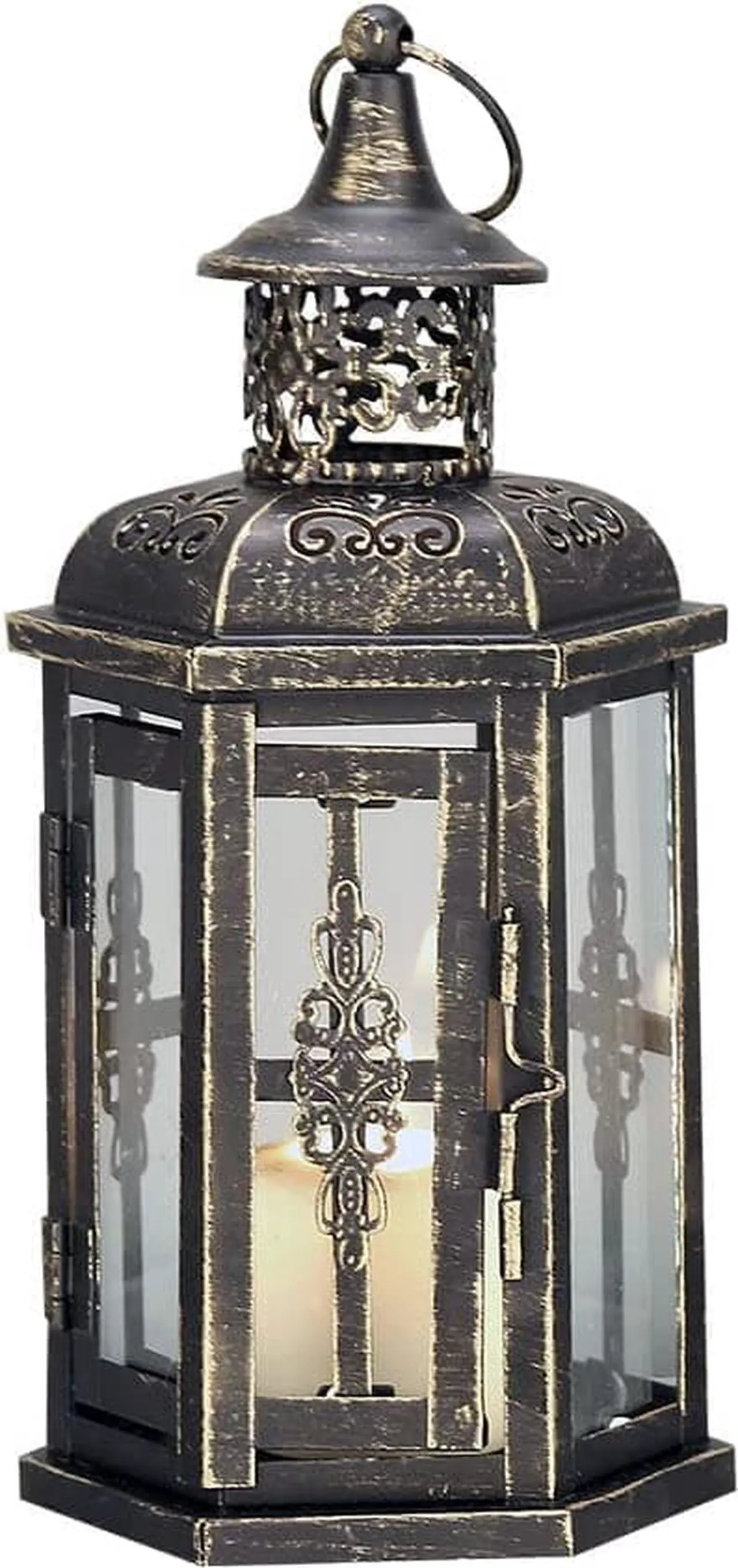 JHY DESIGN Decorative Lanterns-10inch High Vintage Style Hanging Lantern, Metal Candleholder for Indoor Outdoor, Events, Parities and Weddings(Black with Gold Brush)