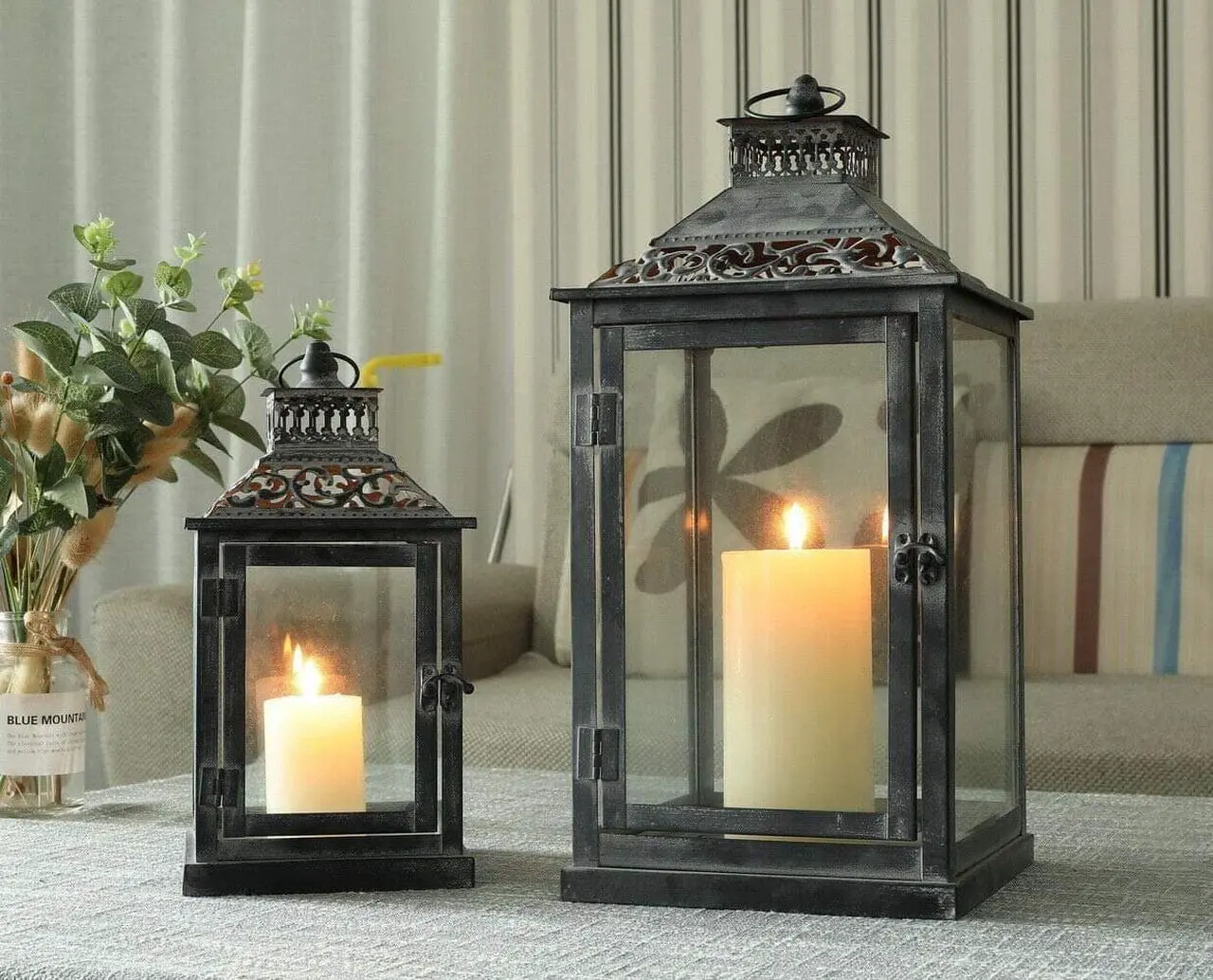 Main image of JHY DESIGN Set of 2 Antique Grey Brush Decorative Lanterns Metal Candle Lanterns for Indoor Outdoor Events Paritie and Weddings Vintage Style Hanging Lantern(with Glass)