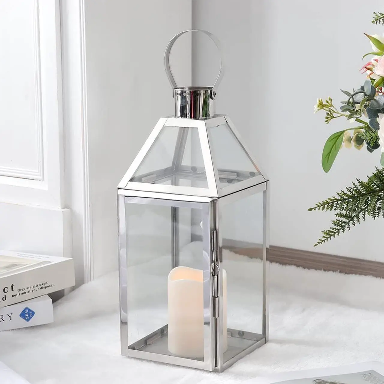 JHY Design Silver Decorative Lanterns 16inch High Stainless Steel Candle Lanterns with Tempered Glass for Indoor Outdoor Events Parities and Weddings