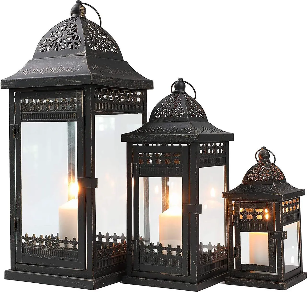 JHY DESIGN Set of 3 Decorative Candle Lanterns20&14.5"&9.5" High Vintage Style Hanging Lantern, Metal Candleholder for Indoor Outdoor, Events, Parities and WeddingsBlack with Gold Brush