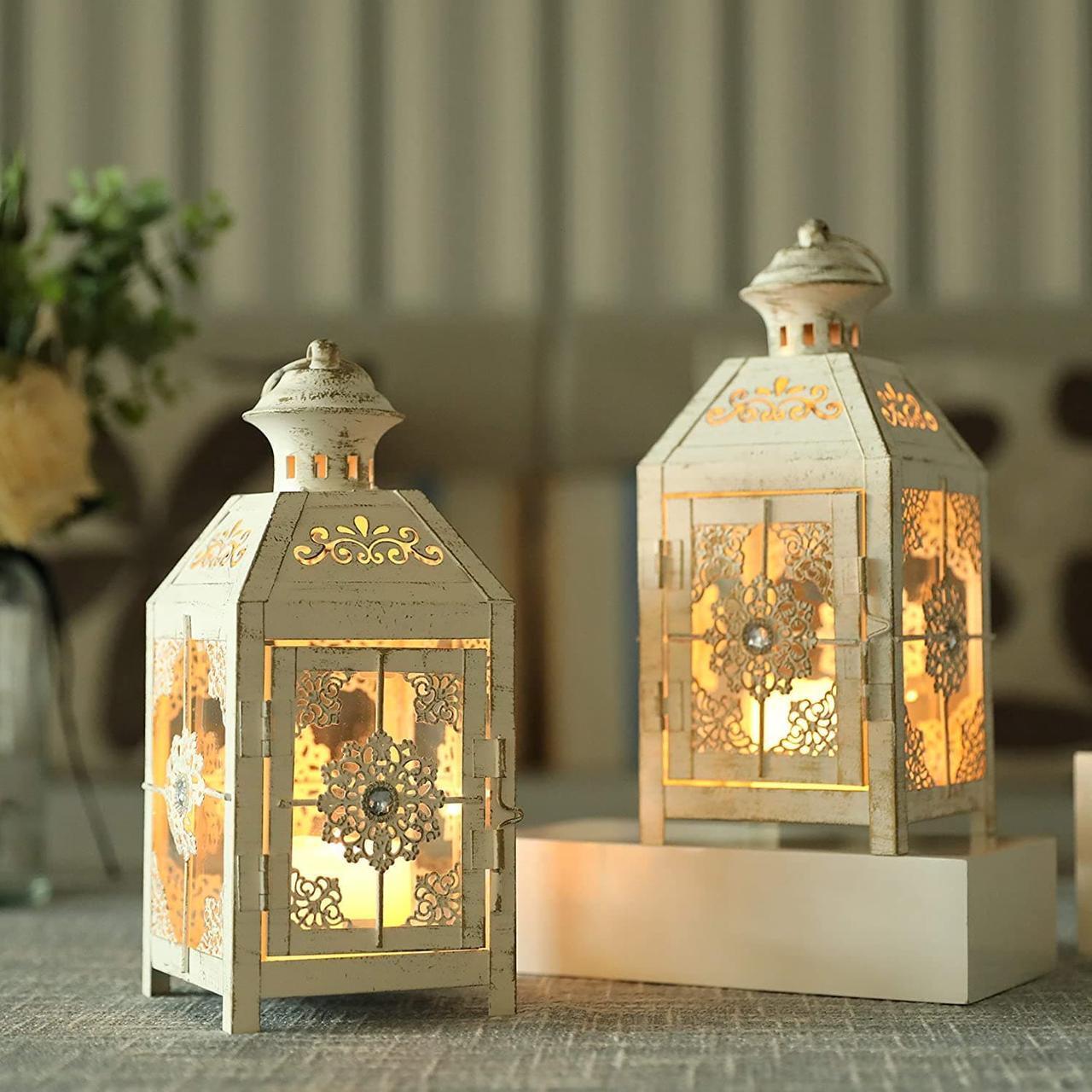 Main image of JHY DESIGN Set of 2 Decorative Candle Lantern 9.5" High Metal Candle Lantern Vintage Style Hanging Lantern for Wedding Parties Indoor Outdoor(White with Gold Brush)
