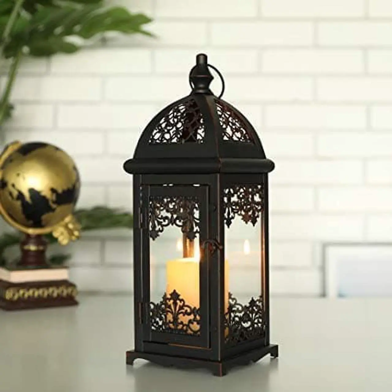 Main image of JHY DESIGN Decorative Candle Lantern 15''High Metal Candle Lanterns Vintage Style Hanging Lantern for Indoor Outdoor Events Parities Weddings(Black with Red Brush)