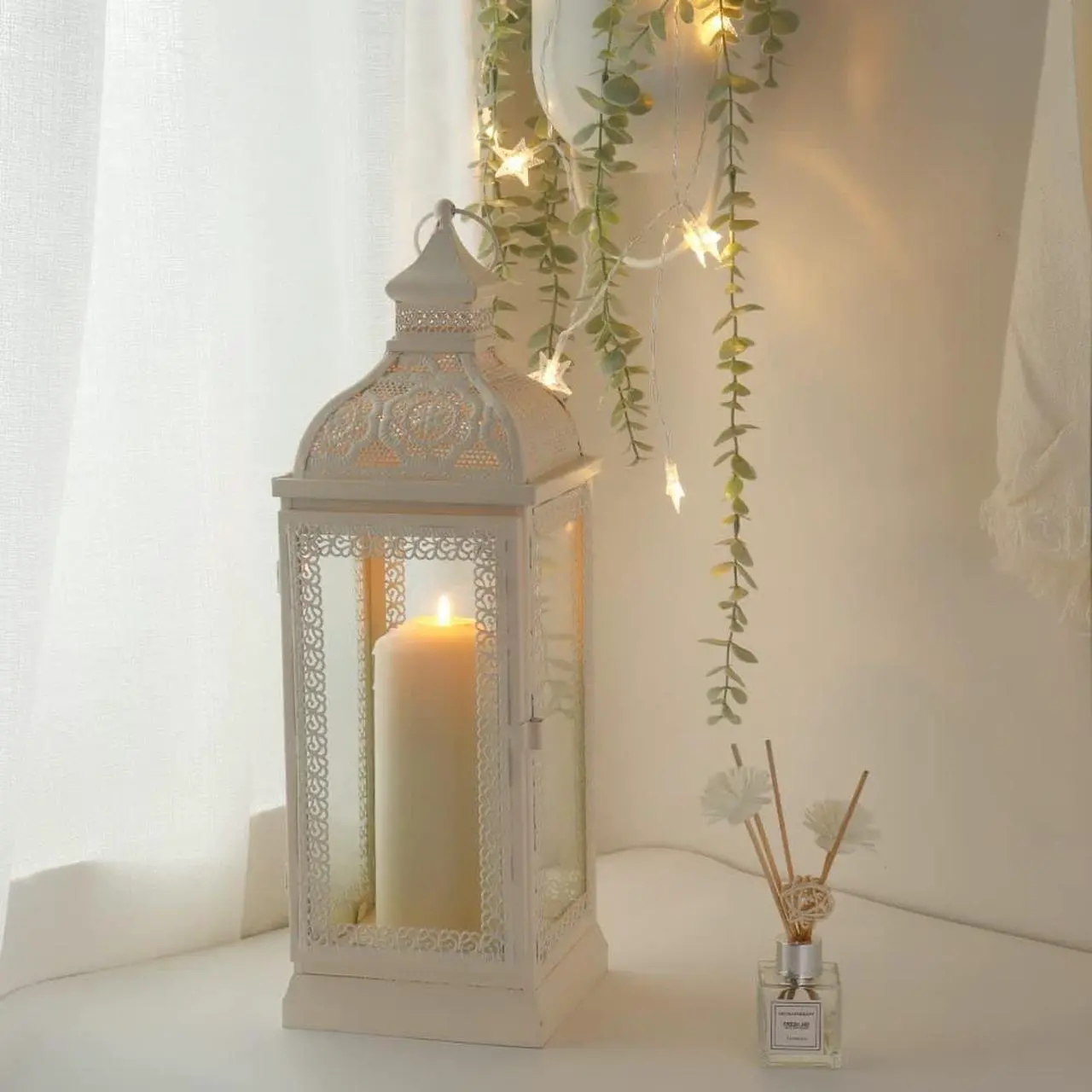 Main image of Rustic Style Metal Candle Lantern 15.5'' High Decorative Hanging Lantern Candle Holder with Tempered Glass Perfect for Living Room Garden Yard Patio Parties Events Indoors Outdoors(White)