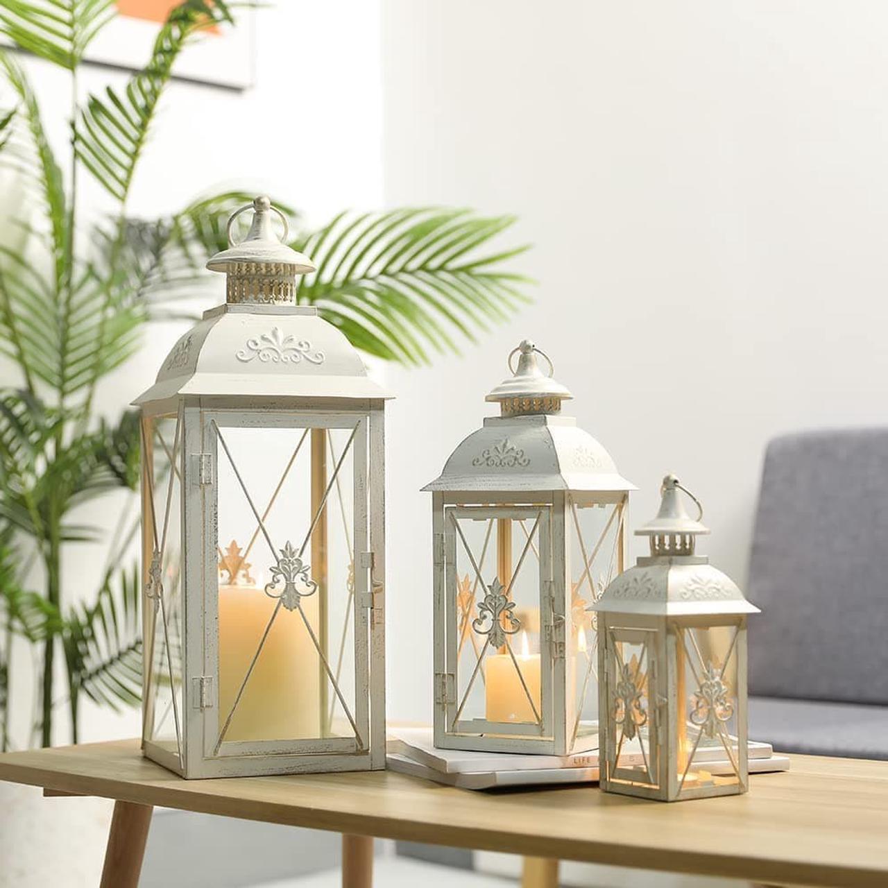 Main image of Set of 3 Decorative Hanging Lantern 19'' High Vintage Metal Candle Holder with Tempered Glass Perfect for Living Room Garden Yard Patio Parties Events Indoors Outdoors (White with Gold Brush)