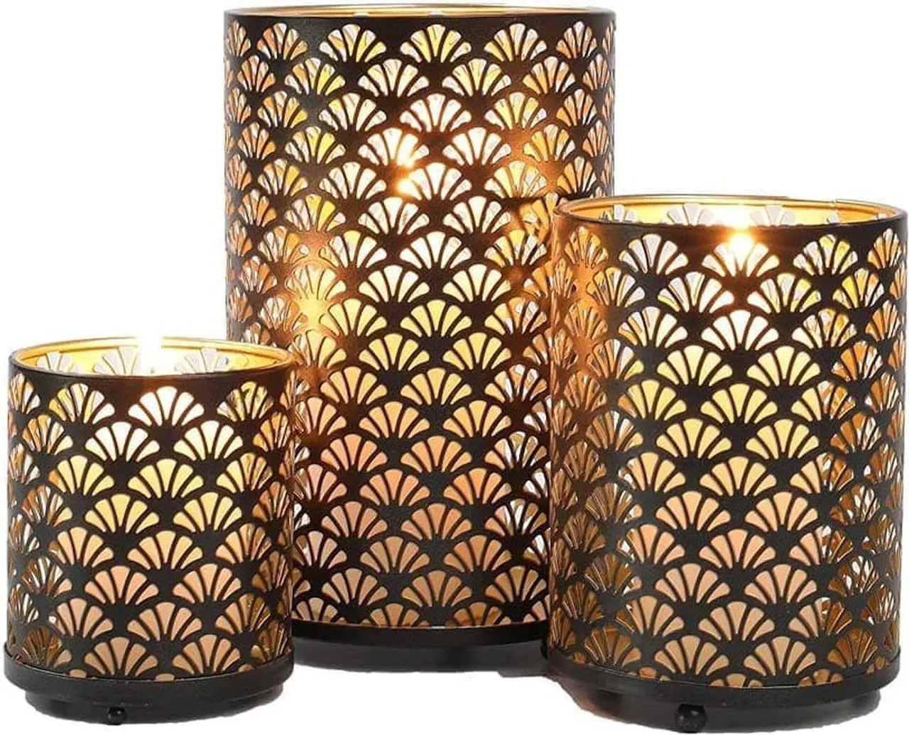 Main image of JHY DESIGN Set of 3 Metal Candle Holders Bronze Hurricane Pillar Candleholder Vintage Table Candlestick Holders Great Centerpieces for Home Decor Wedding Parties Events