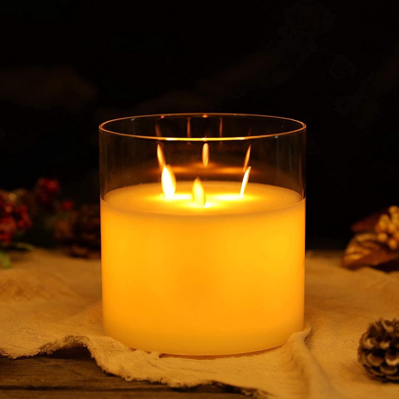 Main image of JHY DESIGN Large 3-Wick Glass Flameless Candles 6''High Battery Operated Dancing Flame Flickering LED Pillar Candles with 6-Hour Timer Feature Moving Wick Large Candle for Home Wedding Party Festival