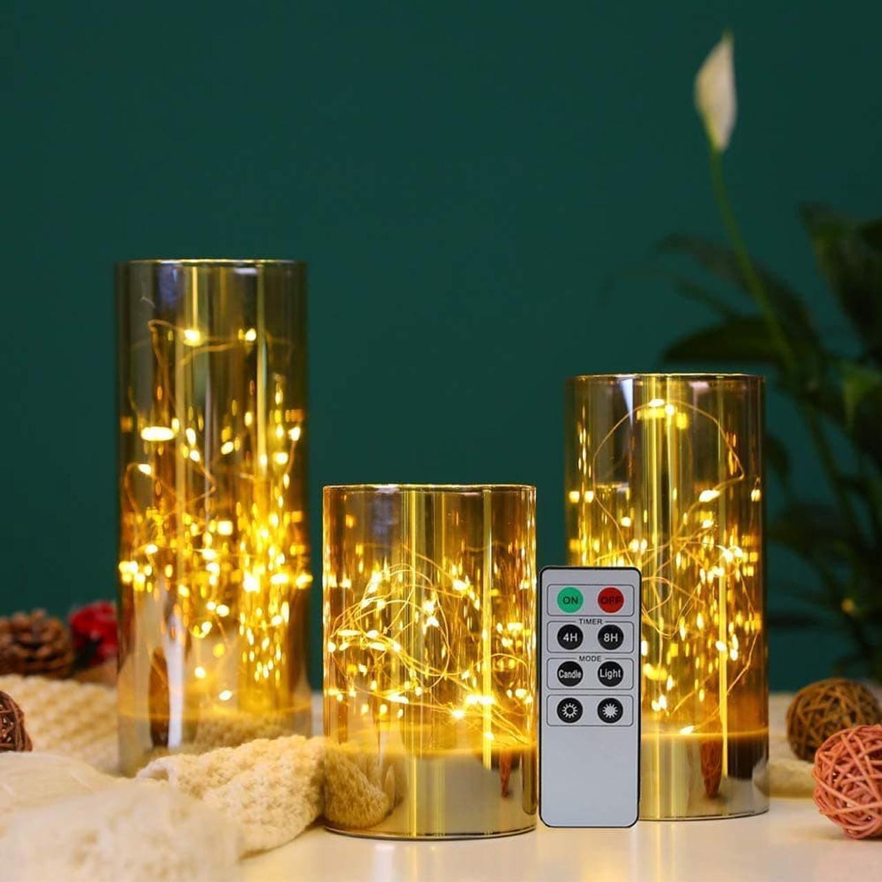 Alt view image 3 of 6 - JHY DESIGN Set of 3 Battery Table Lamp 6/8/10inch High Glass Decorative Lights with Fairy String Lights Battery Powered 8-Key Remote Control for Home Party Wedding Indoor Outdoor (Champagne Plated)