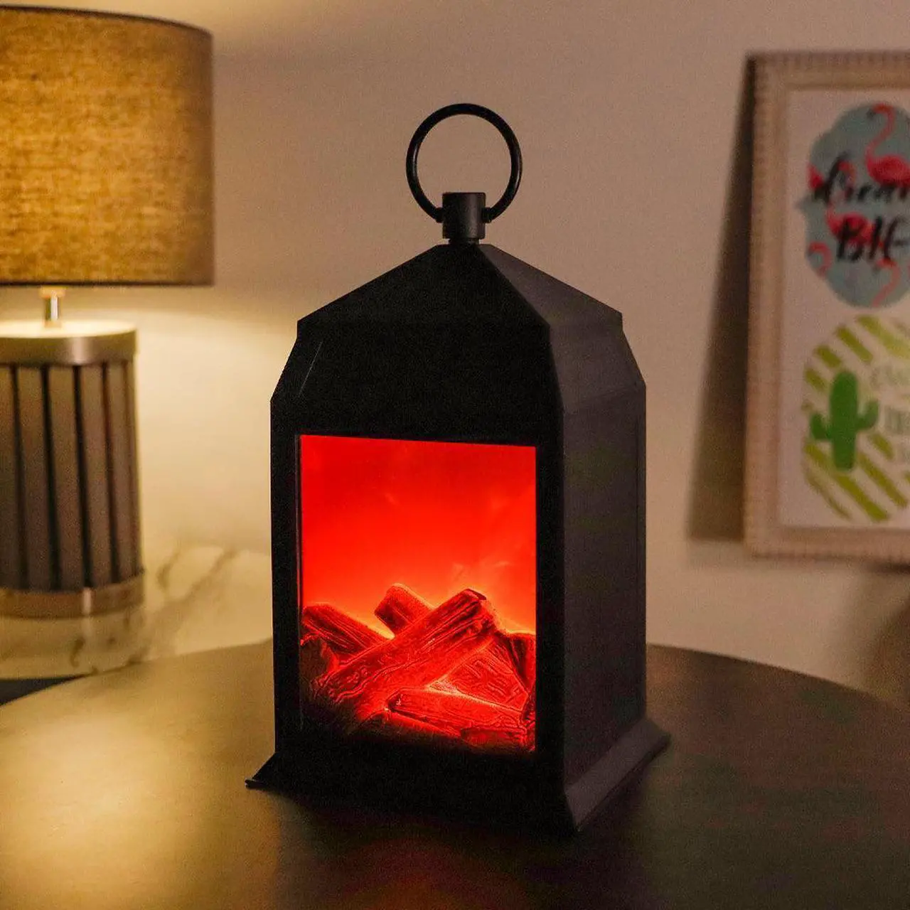 Flameless Fireplace Lantern 12''High with 6 Hours Timer Portable Battery Operated Fire Place Lantern with LED Flame Flickering Breath Lights