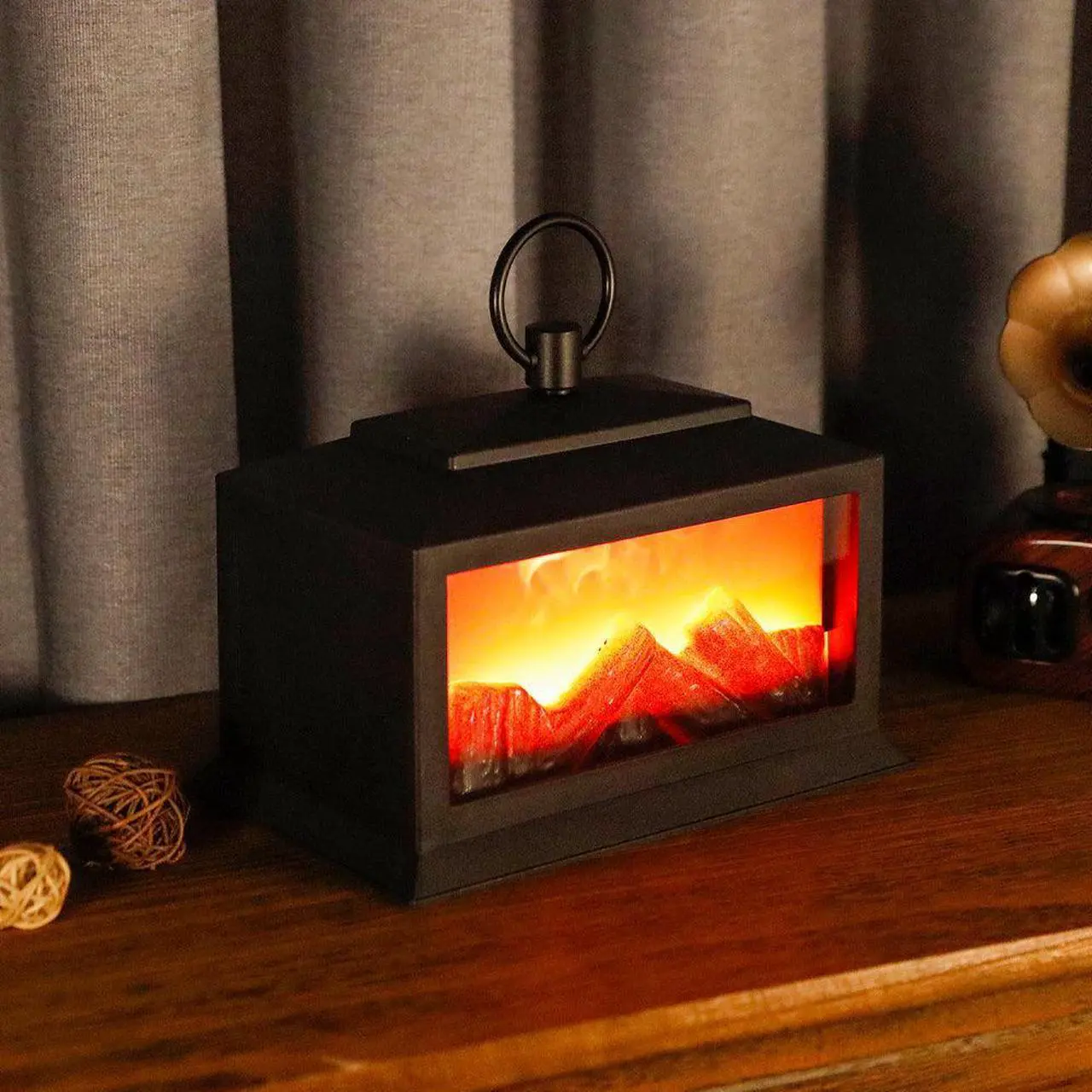 Flameless Fireplace Lantern 8''High with 6 Hours Timer Portable Battery Operated Fire Place Lantern with LED Flickering Breath Lights