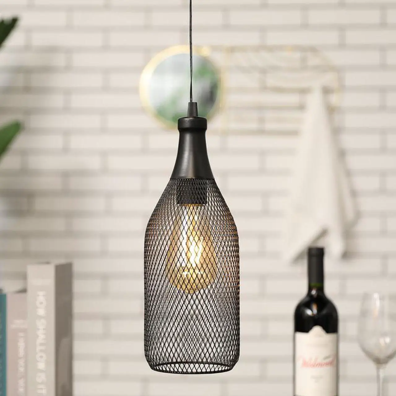Alt view image 4 of 7 - JHY DESIGN Hanging Lamp Battery Powered Decorative Pendant Lamp Metal Cage Battery Lamp with 6 Hours Timer for Bar Bedroom Garden Bars Parties Patio Indoor Outdoor Living Room(Wine Bottle Shaped)