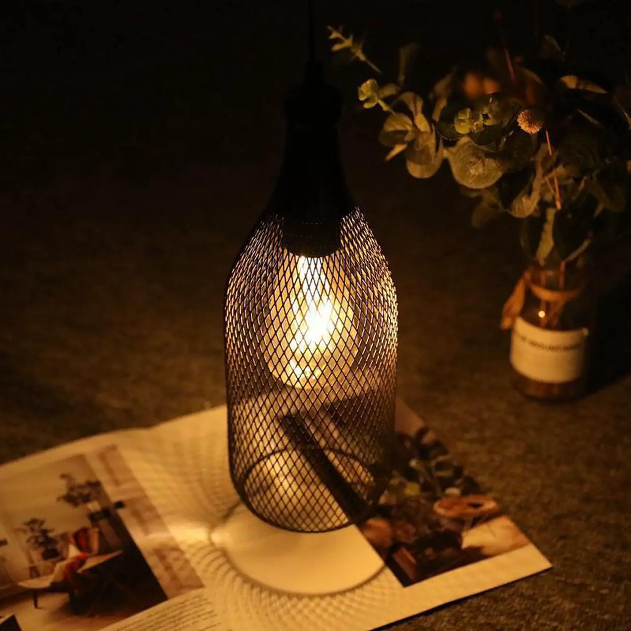 Main image of JHY DESIGN Hanging Lamp Battery Powered Decorative Pendant Lamp Metal Cage Battery Lamp with 6 Hours Timer for Bar Bedroom Garden Bars Parties Patio Indoor Outdoor Living Room(Wine Bottle Shaped)