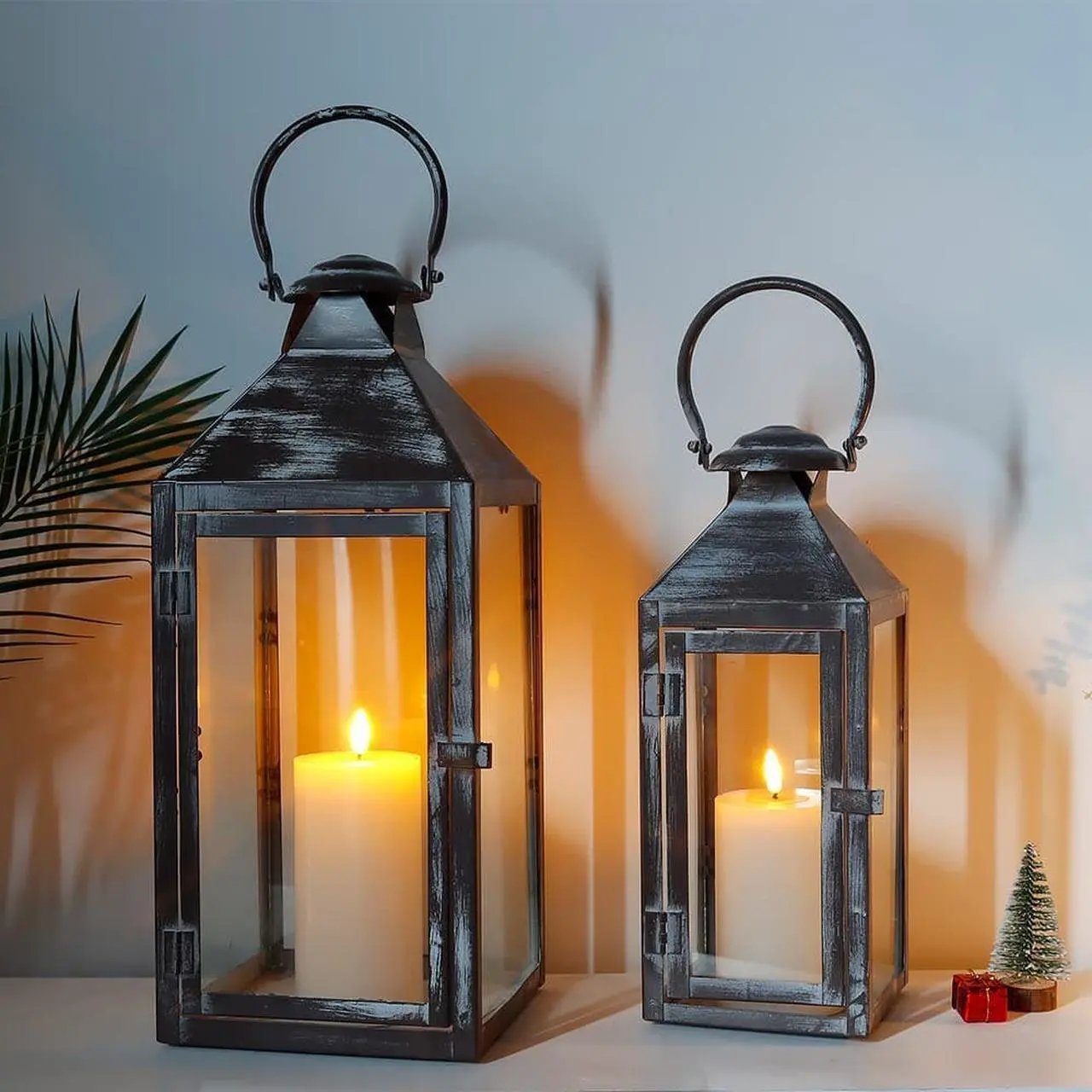 Main image of JHY DESIGN Set of 2 Antique Grey Brush Decorative Lanterns 17.5inch&13.5inch Metal Candle Lanterns for Indoor Outdoor Events Paritie and Weddings Vintage Style Hanging Lantern