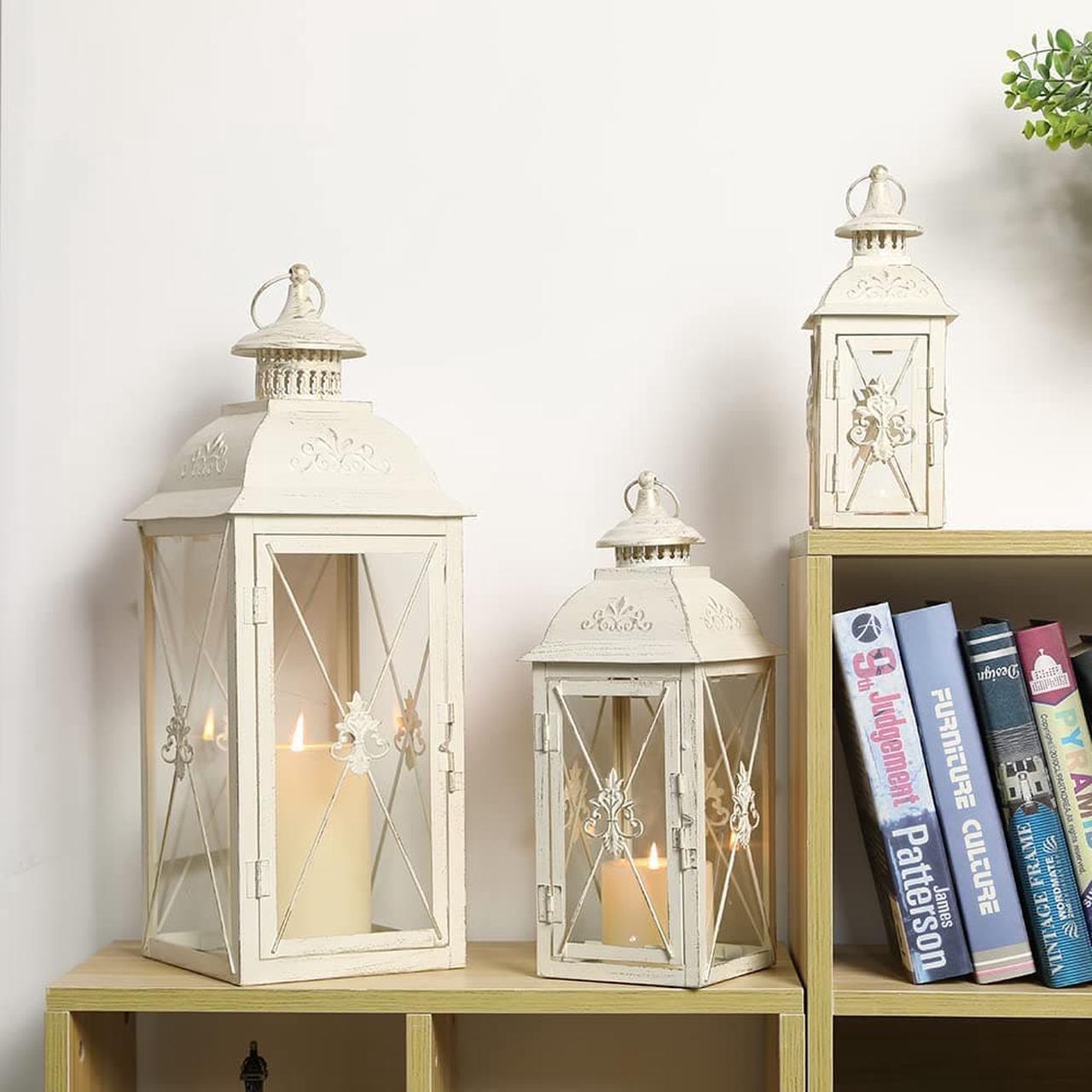 Alt view image 2 of 6 - Set of 3 Decorative Hanging Lantern 19'' High Vintage Metal Candle Holder with Tempered Glass Perfect for Living Room Garden Yard Patio Parties Events Indoors Outdoors (White with Gold Brush)