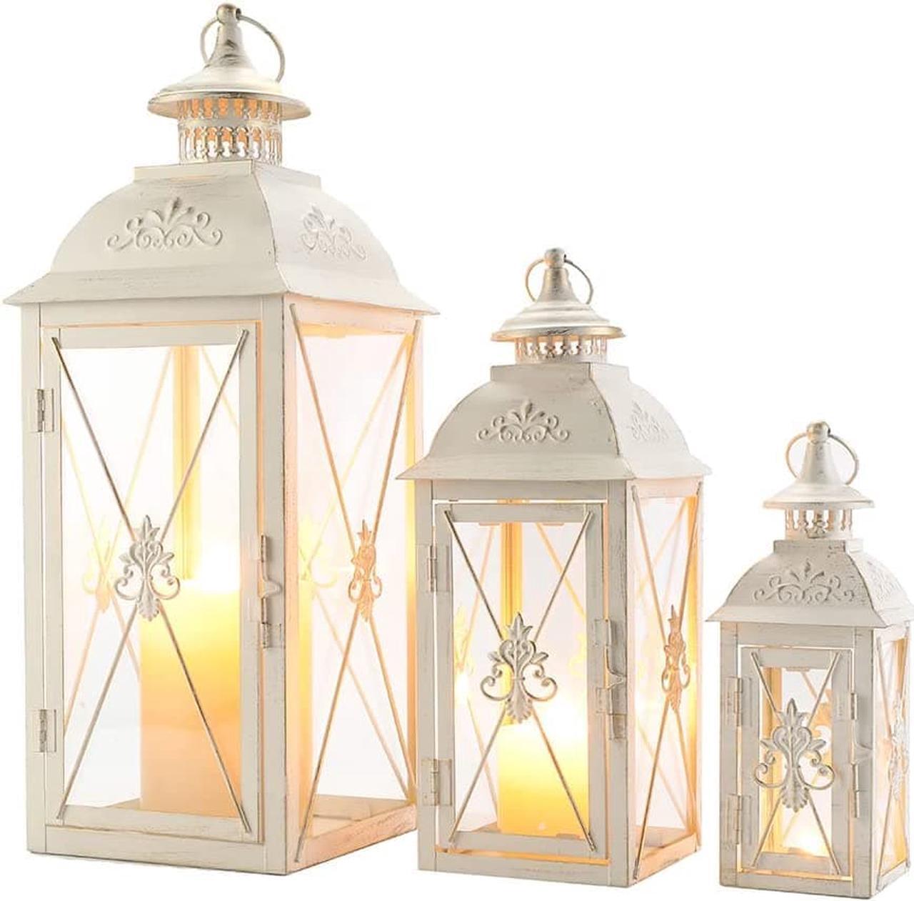 Alt view image 3 of 6 - Set of 3 Decorative Hanging Lantern 19'' High Vintage Metal Candle Holder with Tempered Glass Perfect for Living Room Garden Yard Patio Parties Events Indoors Outdoors (White with Gold Brush)
