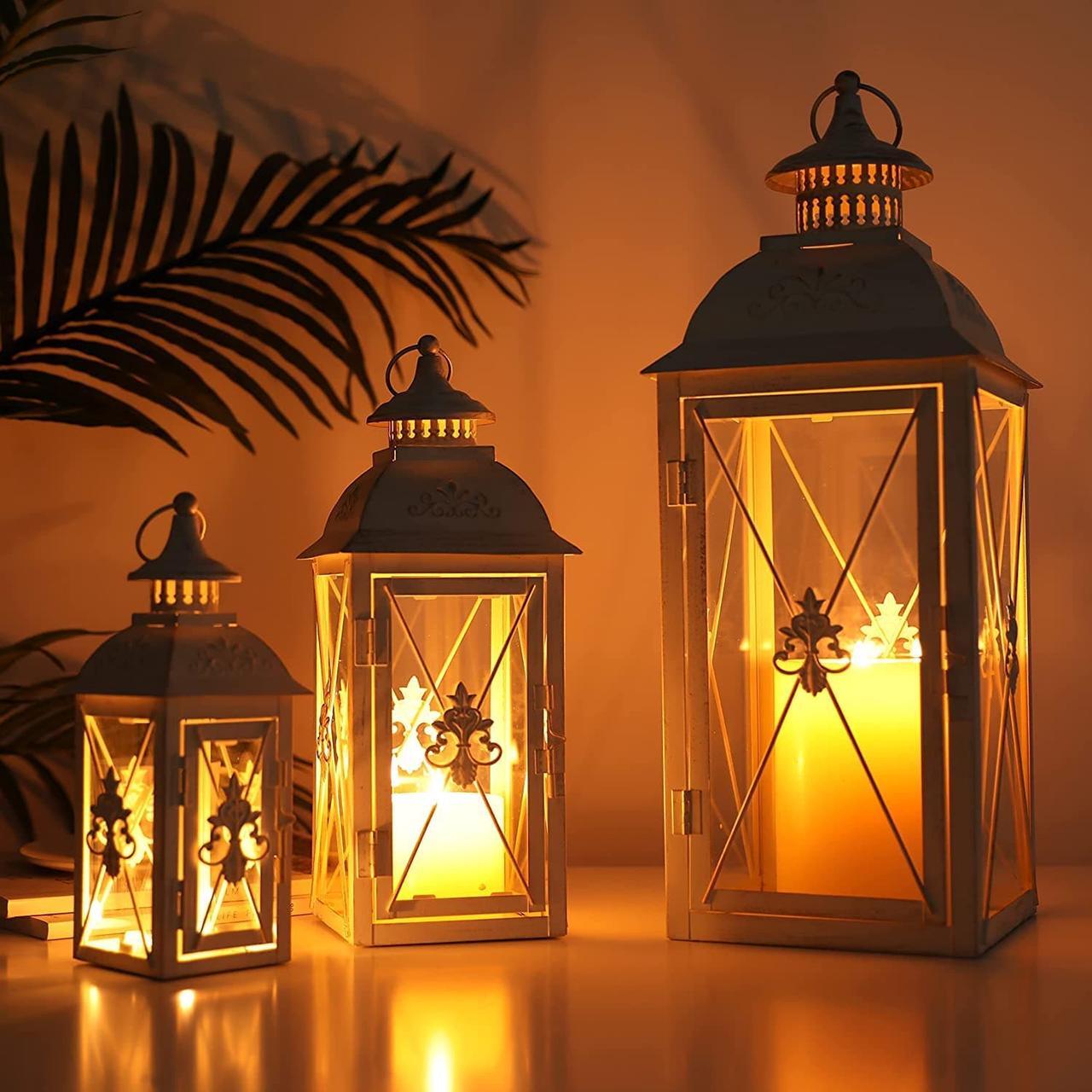 Alt view image 4 of 6 - Set of 3 Decorative Hanging Lantern 19'' High Vintage Metal Candle Holder with Tempered Glass Perfect for Living Room Garden Yard Patio Parties Events Indoors Outdoors (White with Gold Brush)