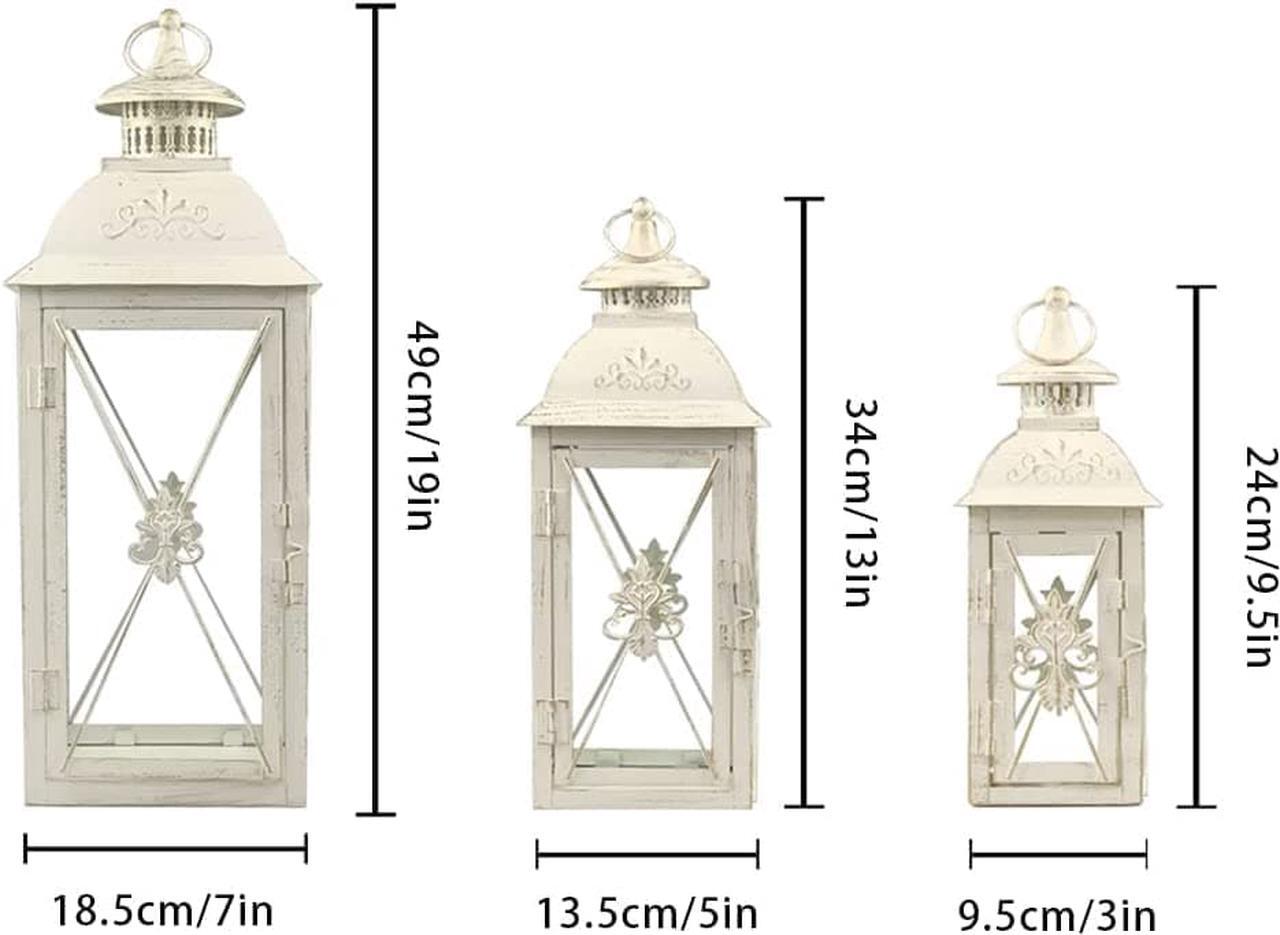 Alt view image 5 of 6 - Set of 3 Decorative Hanging Lantern 19'' High Vintage Metal Candle Holder with Tempered Glass Perfect for Living Room Garden Yard Patio Parties Events Indoors Outdoors (White with Gold Brush)