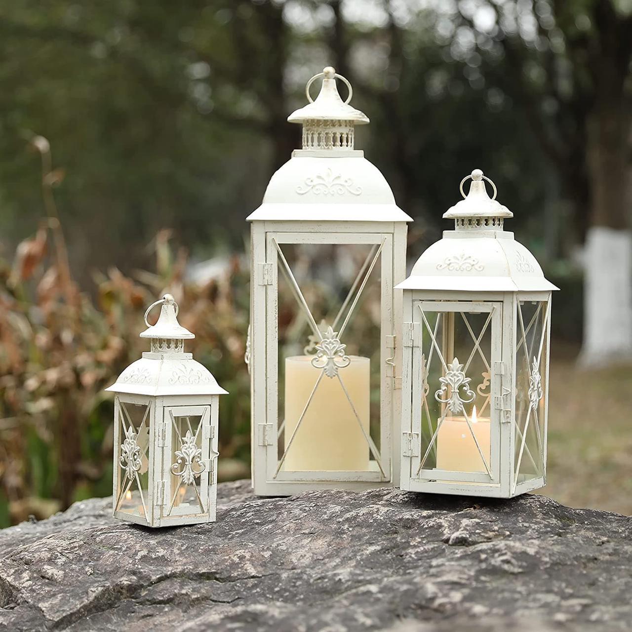 Alt view image 6 of 6 - Set of 3 Decorative Hanging Lantern 19'' High Vintage Metal Candle Holder with Tempered Glass Perfect for Living Room Garden Yard Patio Parties Events Indoors Outdoors (White with Gold Brush)