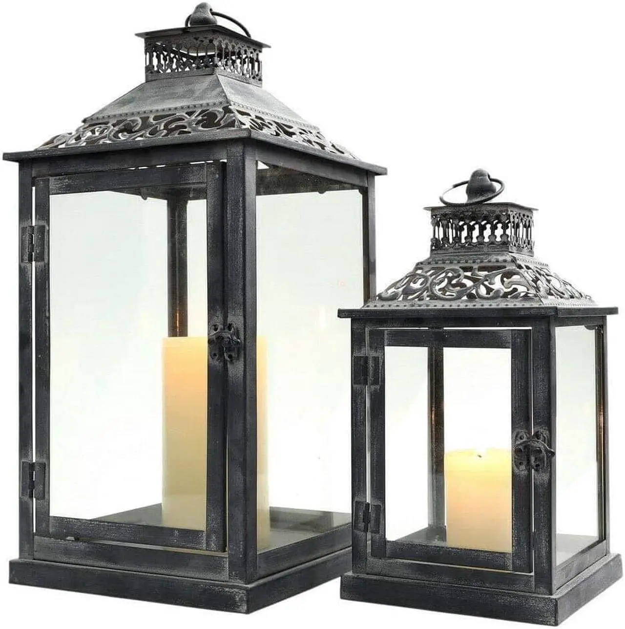 Alt view image 2 of 6 - JHY DESIGN Set of 2 Antique Grey Brush Decorative Lanterns Metal Candle Lanterns for Indoor Outdoor Events Paritie and Weddings Vintage Style Hanging Lantern(with Glass)