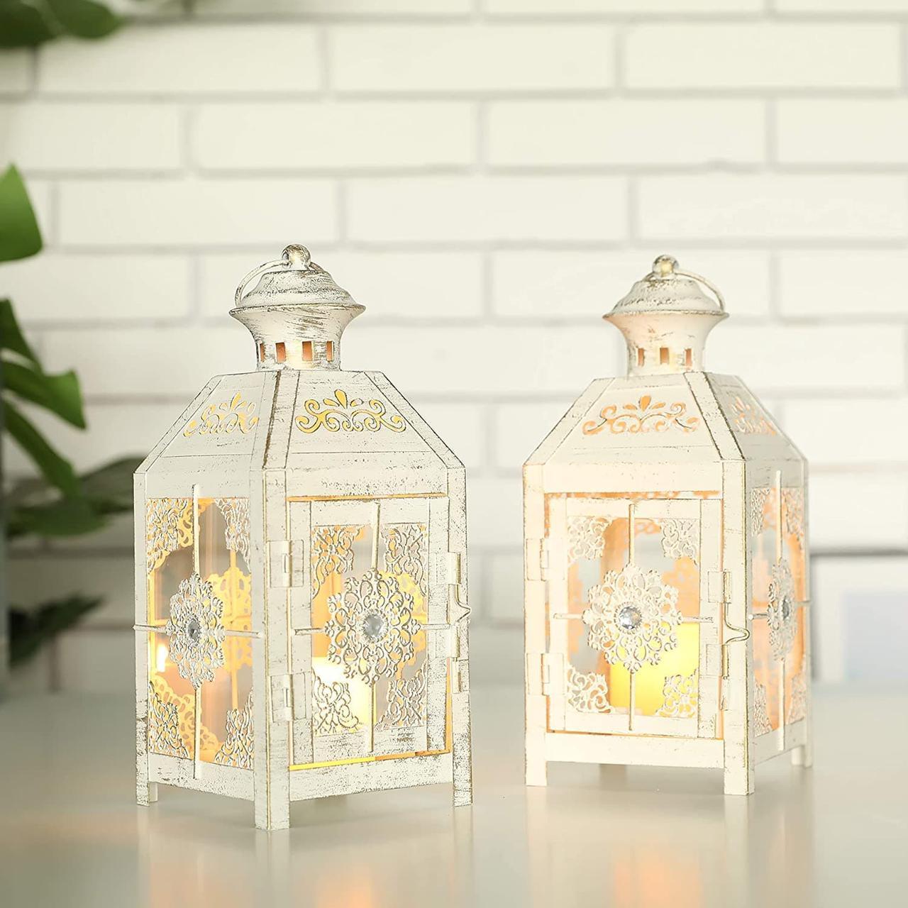 Alt view image 2 of 5 - JHY DESIGN Set of 2 Decorative Candle Lantern 9.5" High Metal Candle Lantern Vintage Style Hanging Lantern for Wedding Parties Indoor Outdoor(White with Gold Brush)