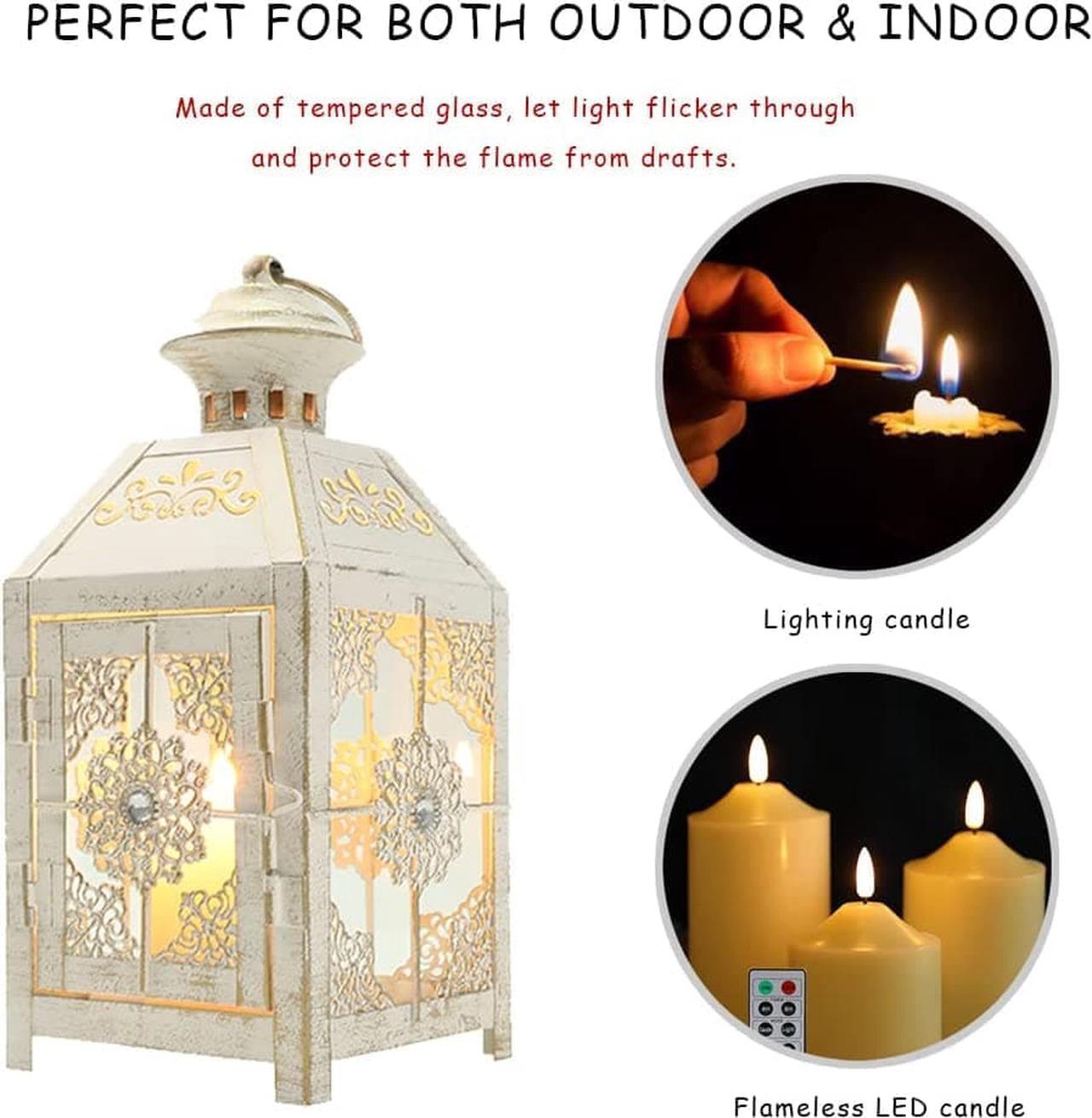 Alt view image 3 of 5 - JHY DESIGN Set of 2 Decorative Candle Lantern 9.5" High Metal Candle Lantern Vintage Style Hanging Lantern for Wedding Parties Indoor Outdoor(White with Gold Brush)