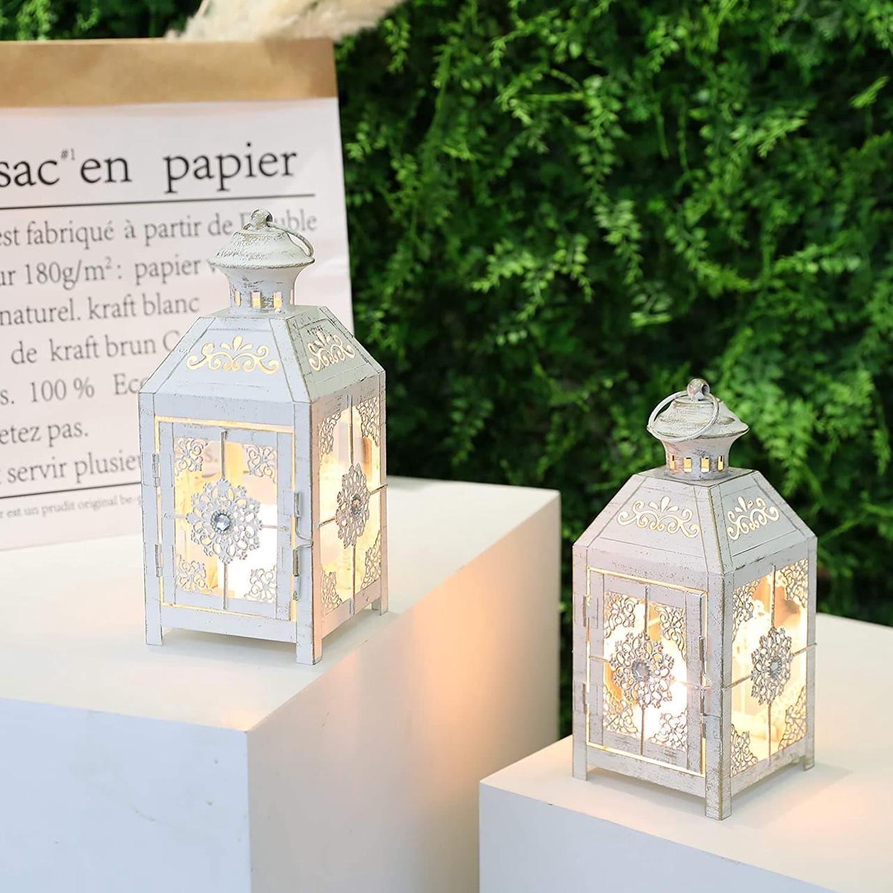 Alt view image 4 of 5 - JHY DESIGN Set of 2 Decorative Candle Lantern 9.5" High Metal Candle Lantern Vintage Style Hanging Lantern for Wedding Parties Indoor Outdoor(White with Gold Brush)