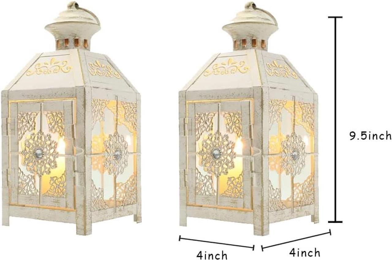 Alt view image 5 of 5 - JHY DESIGN Set of 2 Decorative Candle Lantern 9.5" High Metal Candle Lantern Vintage Style Hanging Lantern for Wedding Parties Indoor Outdoor(White with Gold Brush)