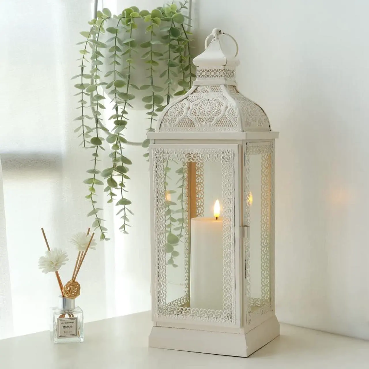Alt view image 2 of 7 - Rustic Style Metal Candle Lantern 15.5'' High Decorative Hanging Lantern Candle Holder with Tempered Glass Perfect for Living Room Garden Yard Patio Parties Events Indoors Outdoors(White)