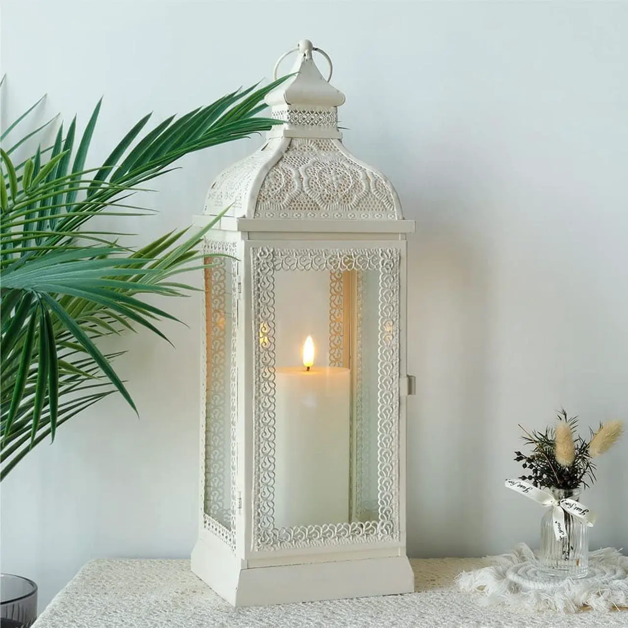 Alt view image 3 of 7 - Rustic Style Metal Candle Lantern 15.5'' High Decorative Hanging Lantern Candle Holder with Tempered Glass Perfect for Living Room Garden Yard Patio Parties Events Indoors Outdoors(White)