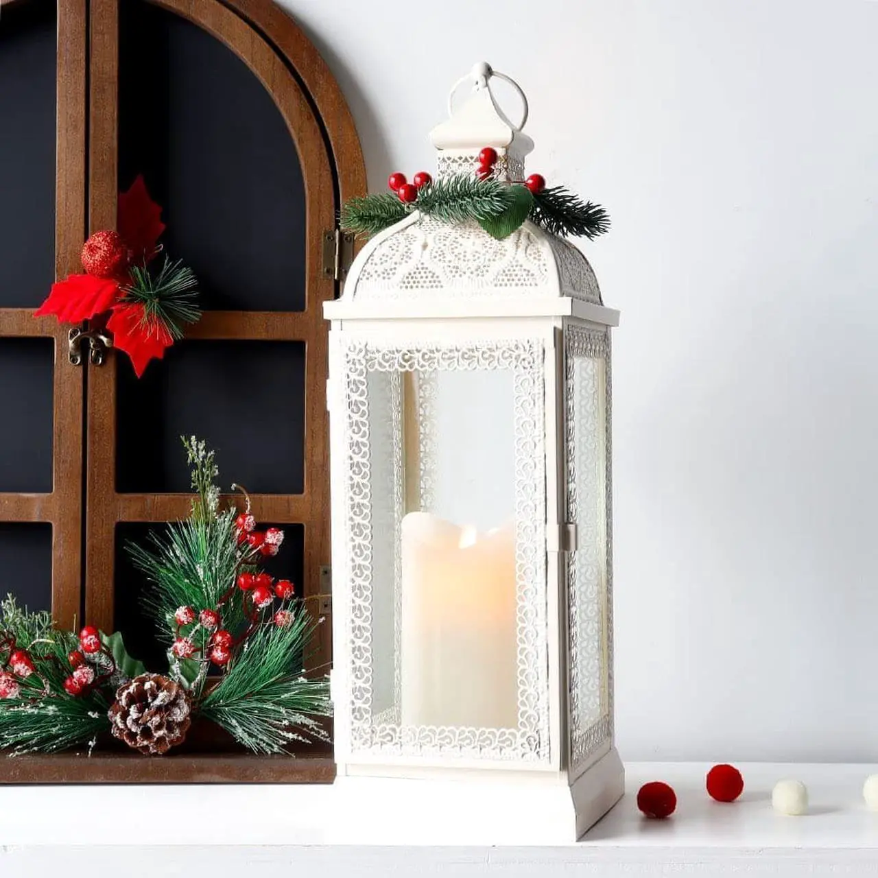 Alt view image 4 of 7 - Rustic Style Metal Candle Lantern 15.5'' High Decorative Hanging Lantern Candle Holder with Tempered Glass Perfect for Living Room Garden Yard Patio Parties Events Indoors Outdoors(White)