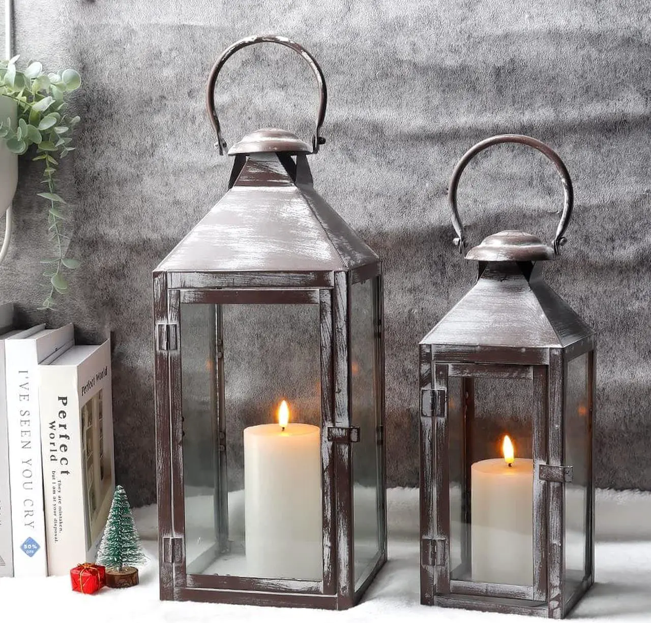 Alt view image 4 of 6 - JHY DESIGN Set of 2 Antique Grey Brush Decorative Lanterns 17.5inch&13.5inch Metal Candle Lanterns for Indoor Outdoor Events Paritie and Weddings Vintage Style Hanging Lantern