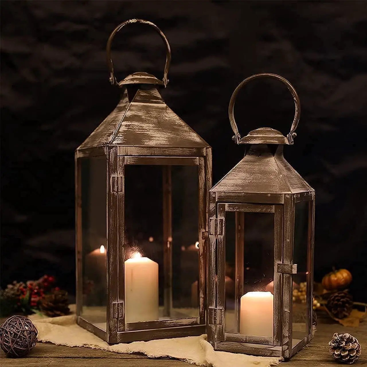 Alt view image 5 of 6 - JHY DESIGN Set of 2 Antique Grey Brush Decorative Lanterns 17.5inch&13.5inch Metal Candle Lanterns for Indoor Outdoor Events Paritie and Weddings Vintage Style Hanging Lantern