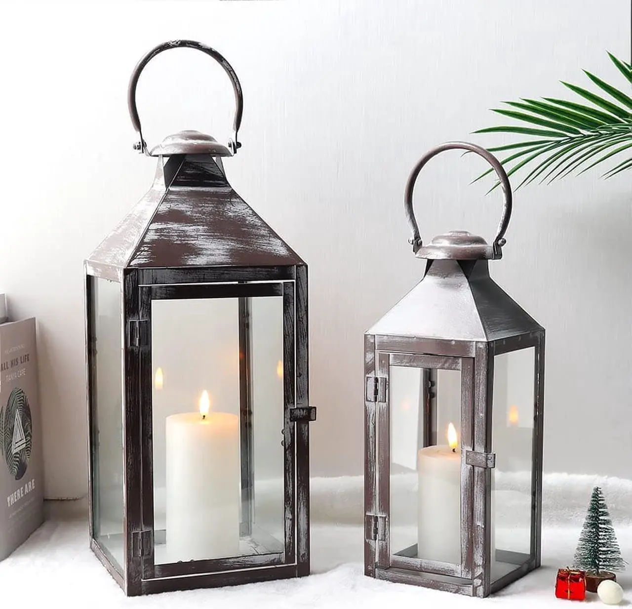 Alt view image 6 of 6 - JHY DESIGN Set of 2 Antique Grey Brush Decorative Lanterns 17.5inch&13.5inch Metal Candle Lanterns for Indoor Outdoor Events Paritie and Weddings Vintage Style Hanging Lantern