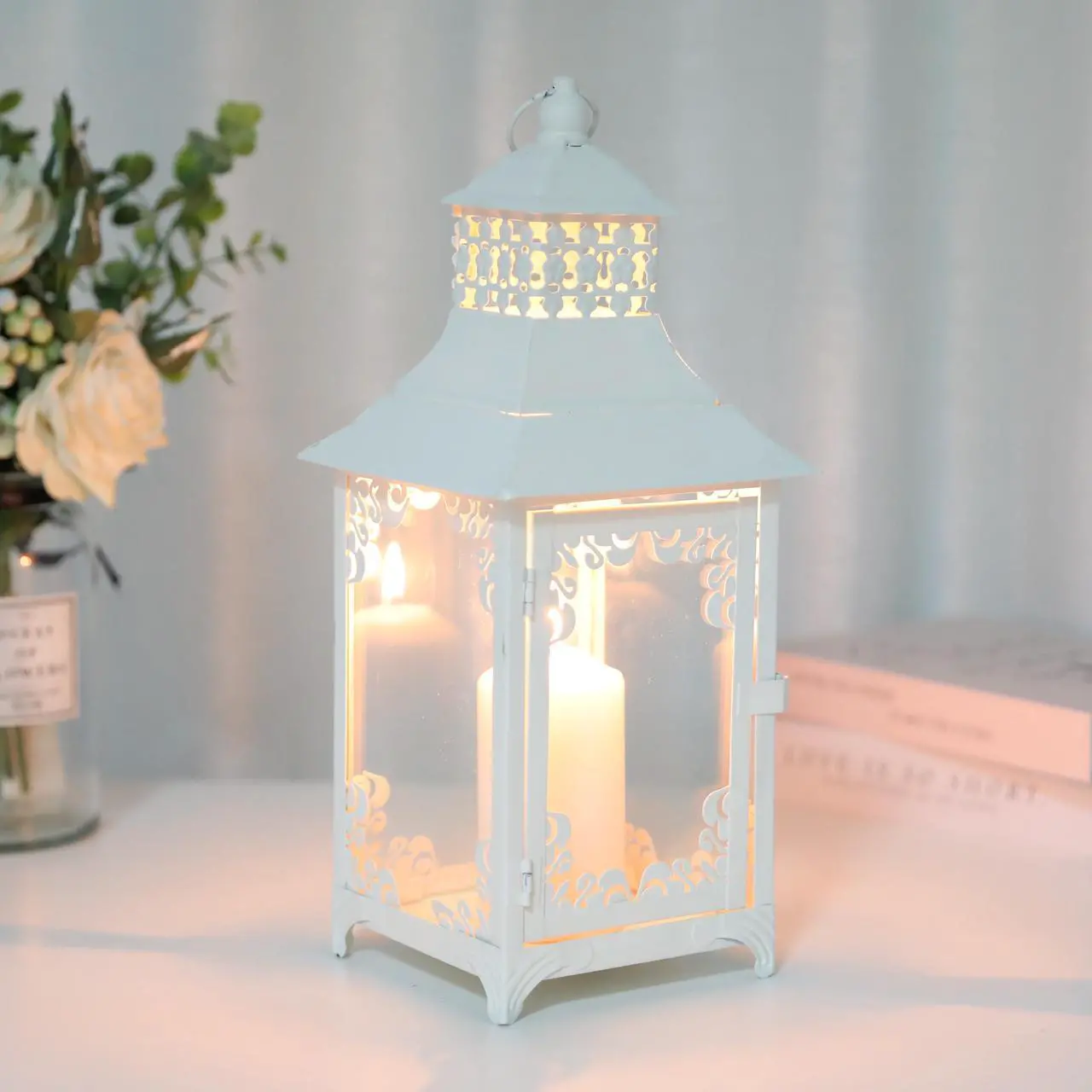 Alt view image 2 of 7 - JHY DESIGN Decorative Candle Lantern 14.5''High Vintage Style Hanging Lantern Metal Candleholder for Indoor Outdoor Events Parities and WeddingsWhite