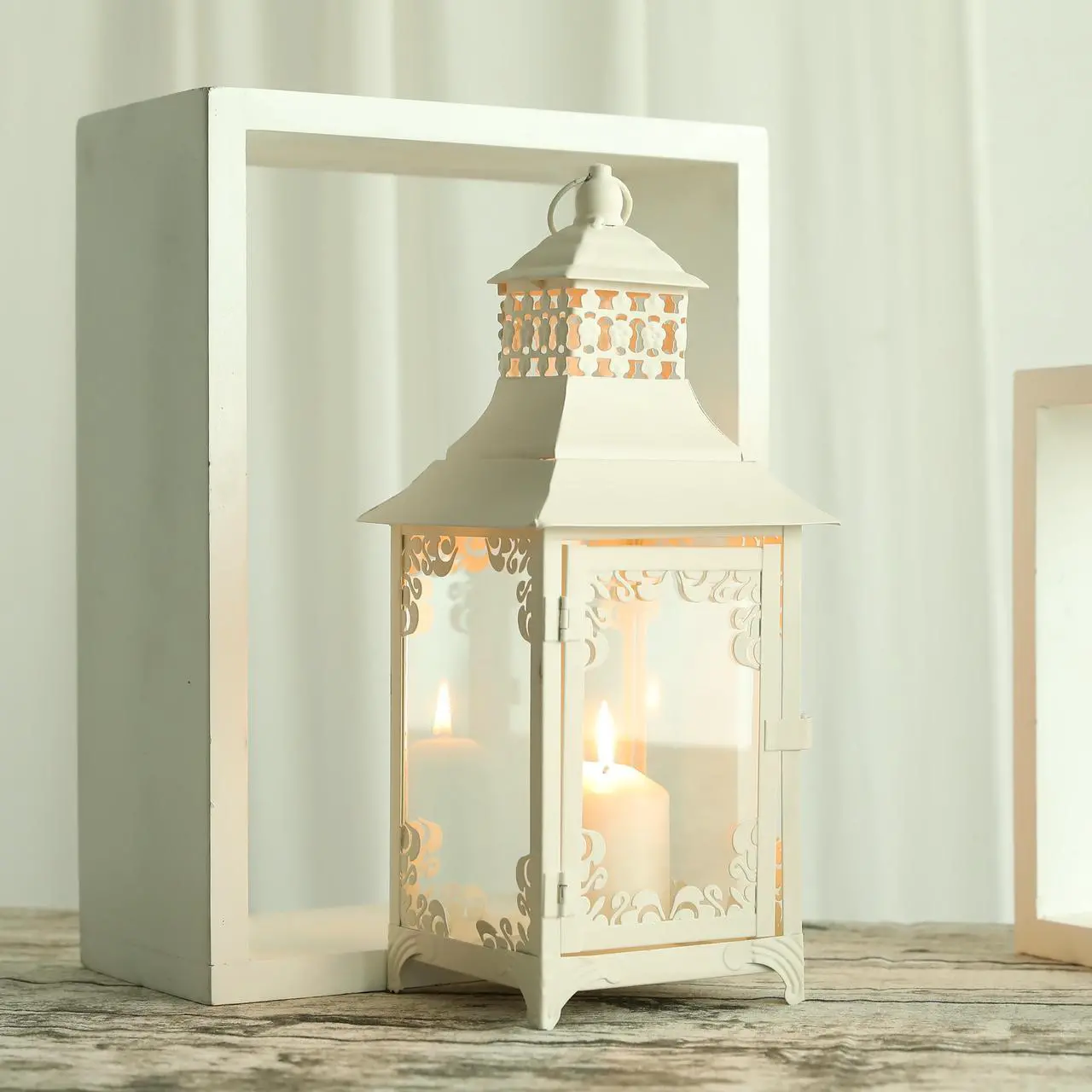 Alt view image 3 of 7 - JHY DESIGN Decorative Candle Lantern 14.5''High Vintage Style Hanging Lantern Metal Candleholder for Indoor Outdoor Events Parities and WeddingsWhite