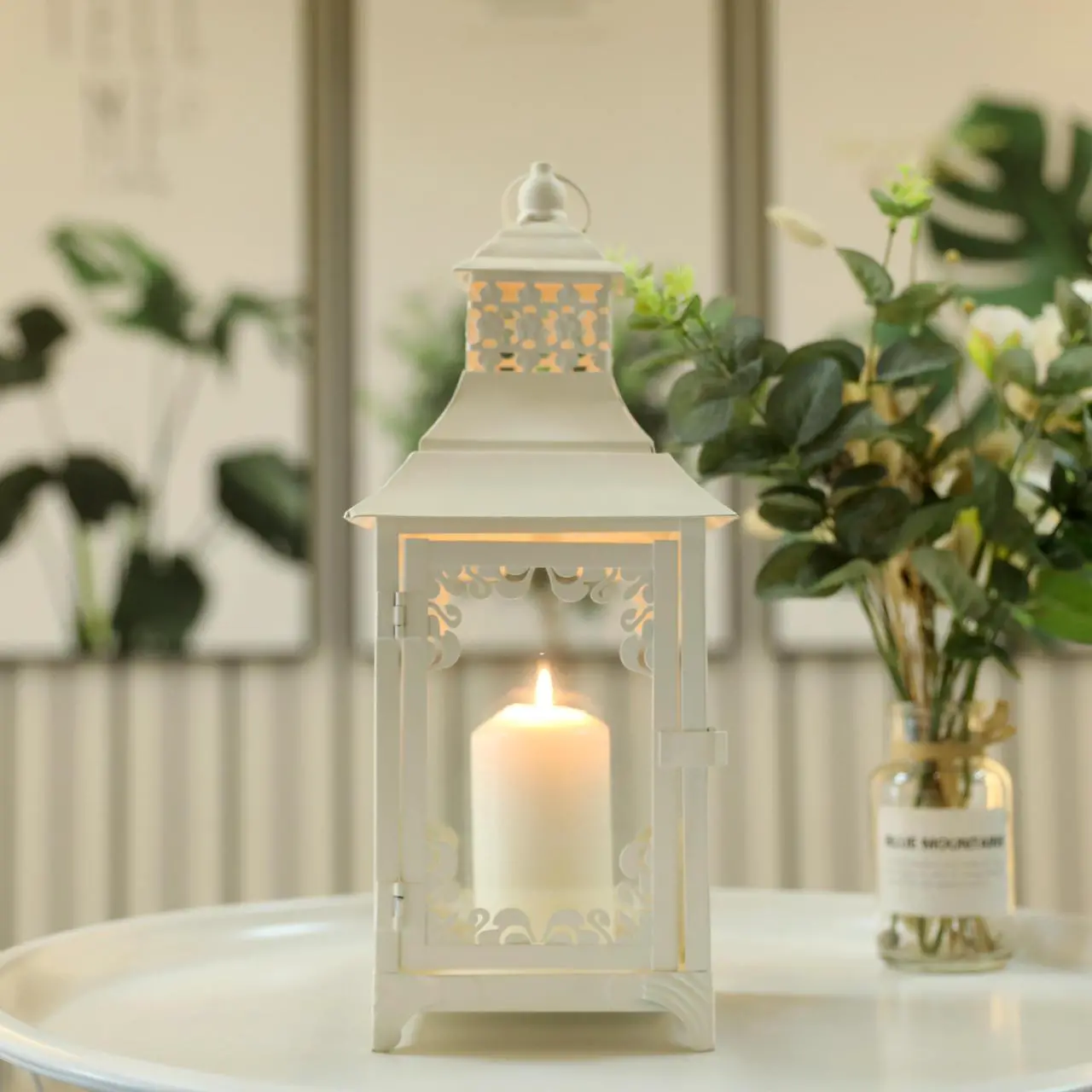 Alt view image 5 of 7 - JHY DESIGN Decorative Candle Lantern 14.5''High Vintage Style Hanging Lantern Metal Candleholder for Indoor Outdoor Events Parities and WeddingsWhite